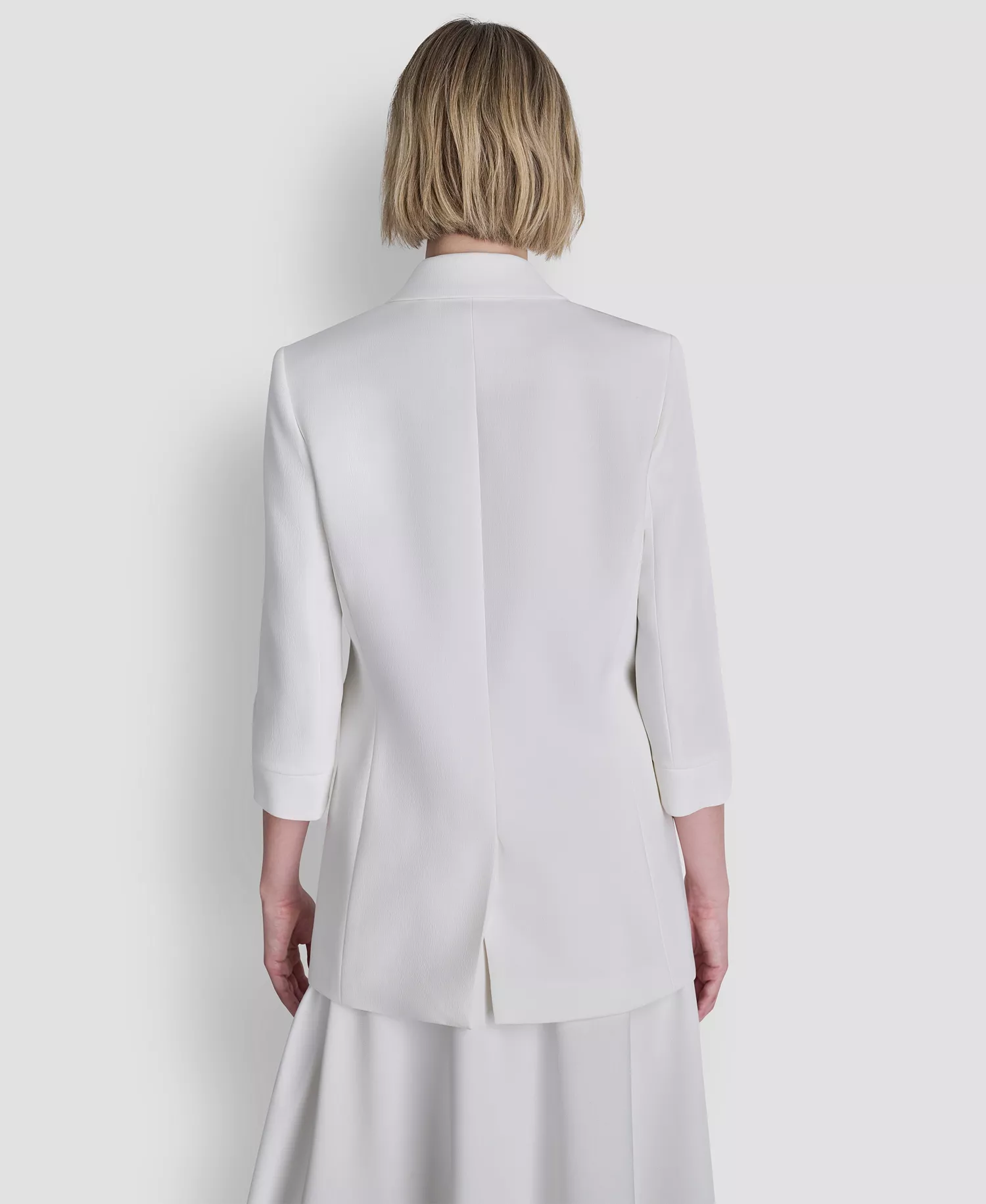 Women's Mixed Media Sleeveless Sweater, Textured Crepe Midi Skirt and Open Front Jacket - Ivory - 0