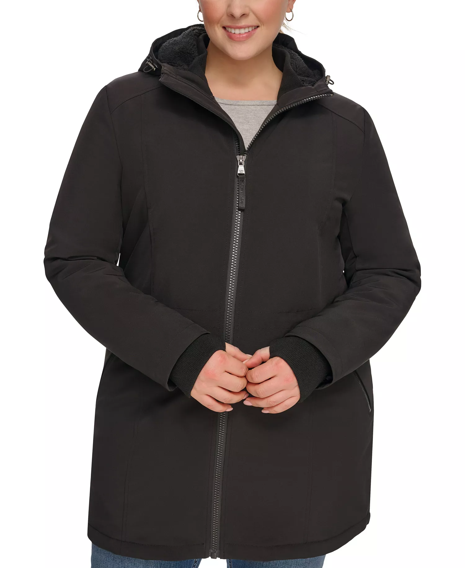 Womens Plus Size Hooded Faux-Fur-Lined Anorak Raincoat, Created for Macys - Black - 1X
