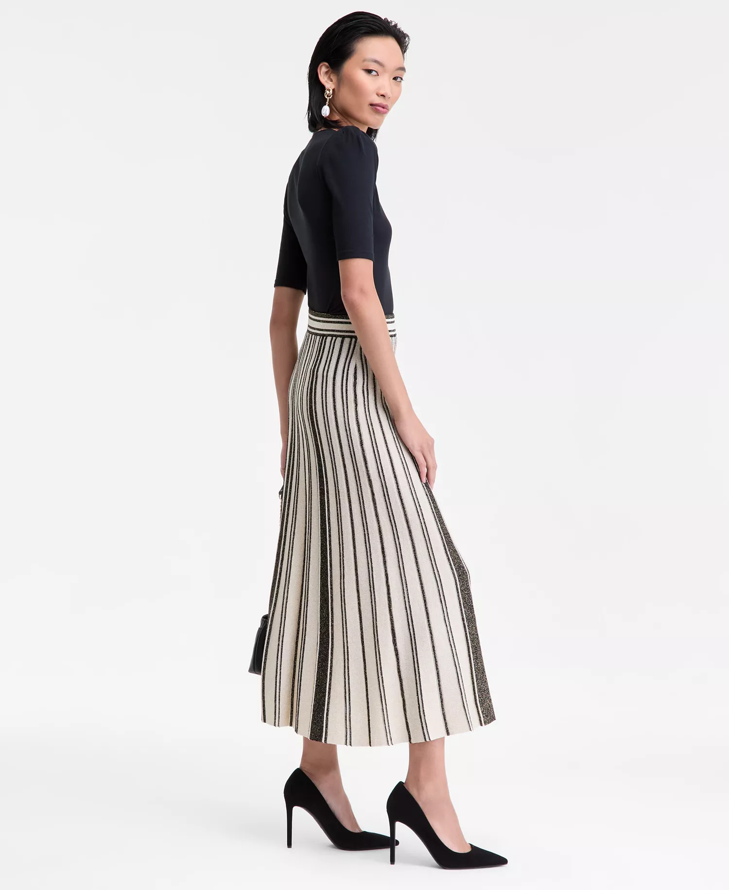 Women's Metallic Contrast Pleated Sweater Skirt, Macy's Exclusive - Black Combo - S