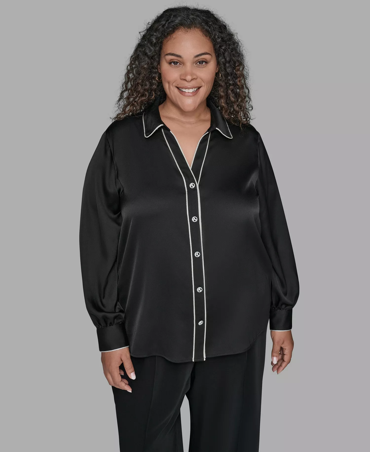KARL LAGERFIELD PARIS Plus Size Contrast Placket Long Sleeves Blouse - Black - 0X