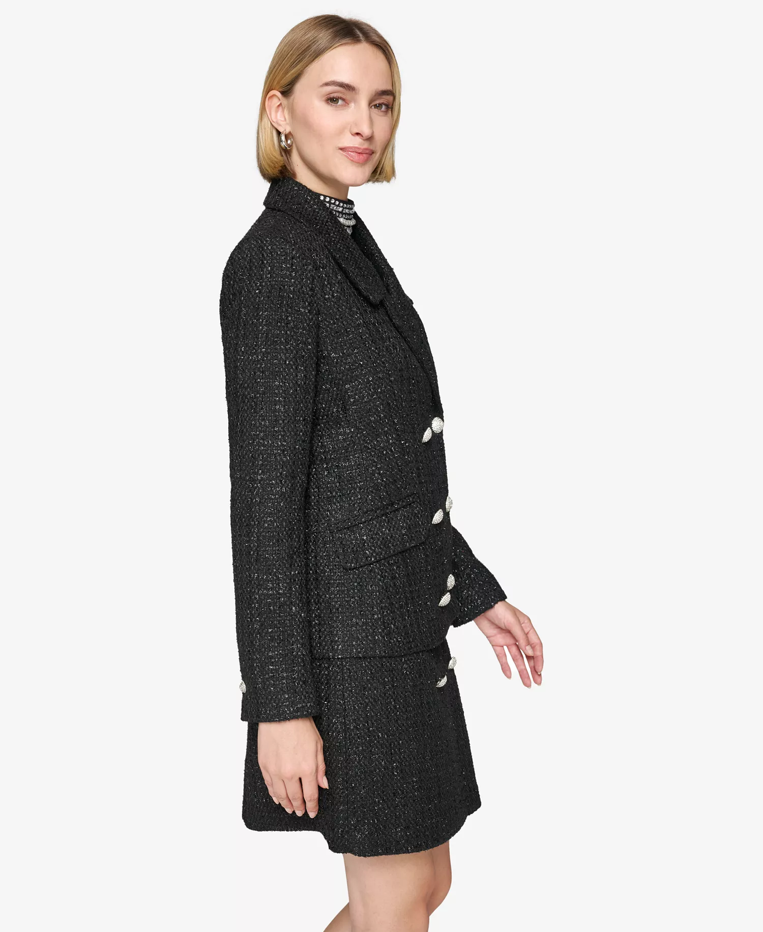 Women's Double-Breasted Tweed Blazer - Black - 0