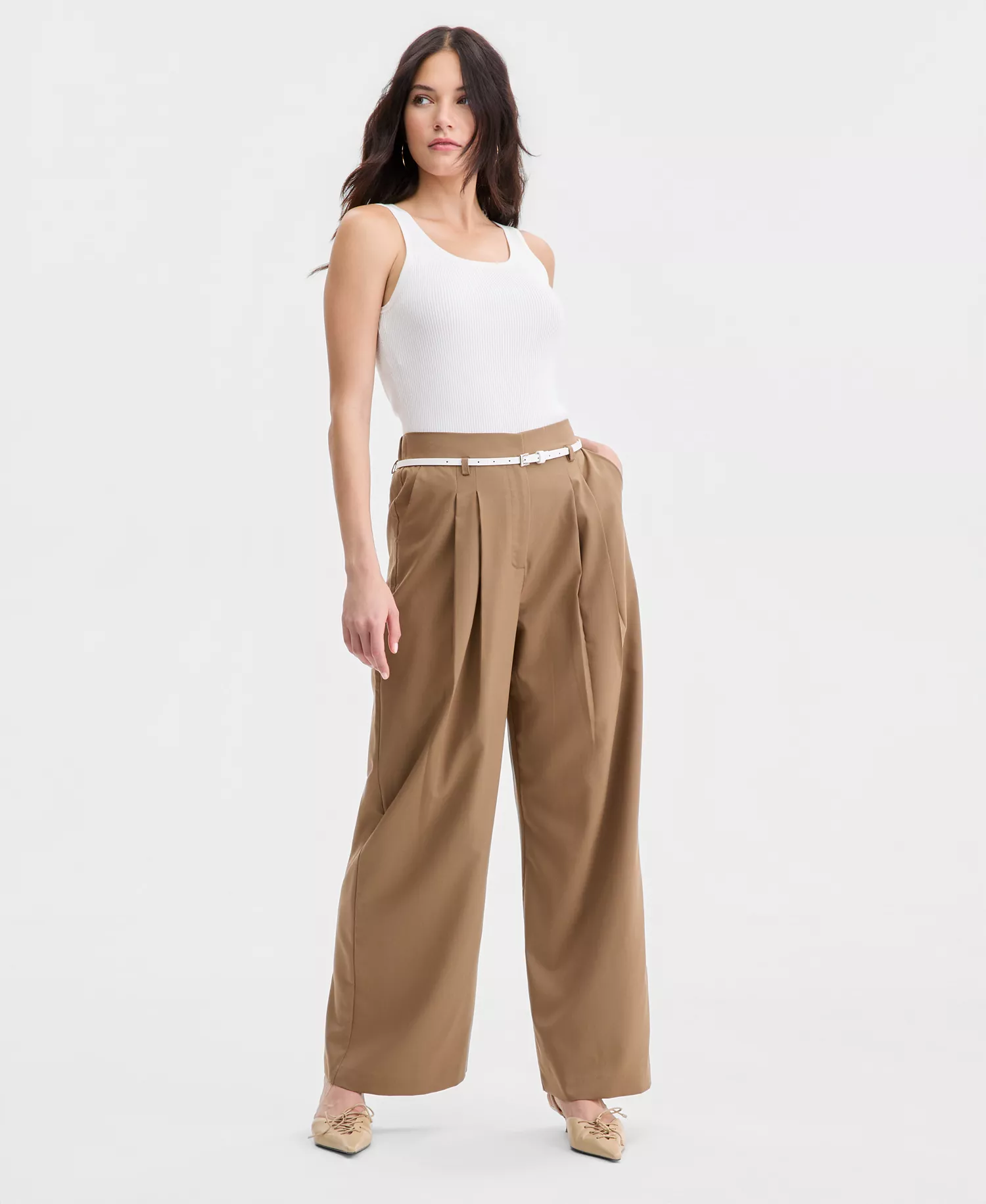 Women's Belted Pleated Wide-Leg Trousers, Macy's Exclusive - Tawny - L