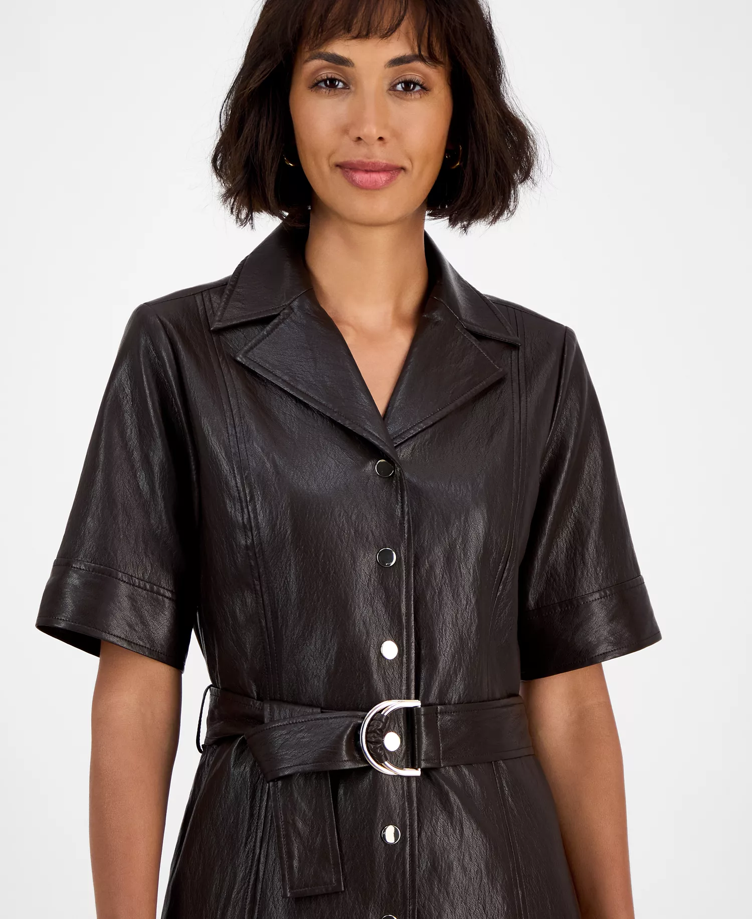 Women's Faux-Leather Belted Button-Front Dress - Espresso Bean - 2