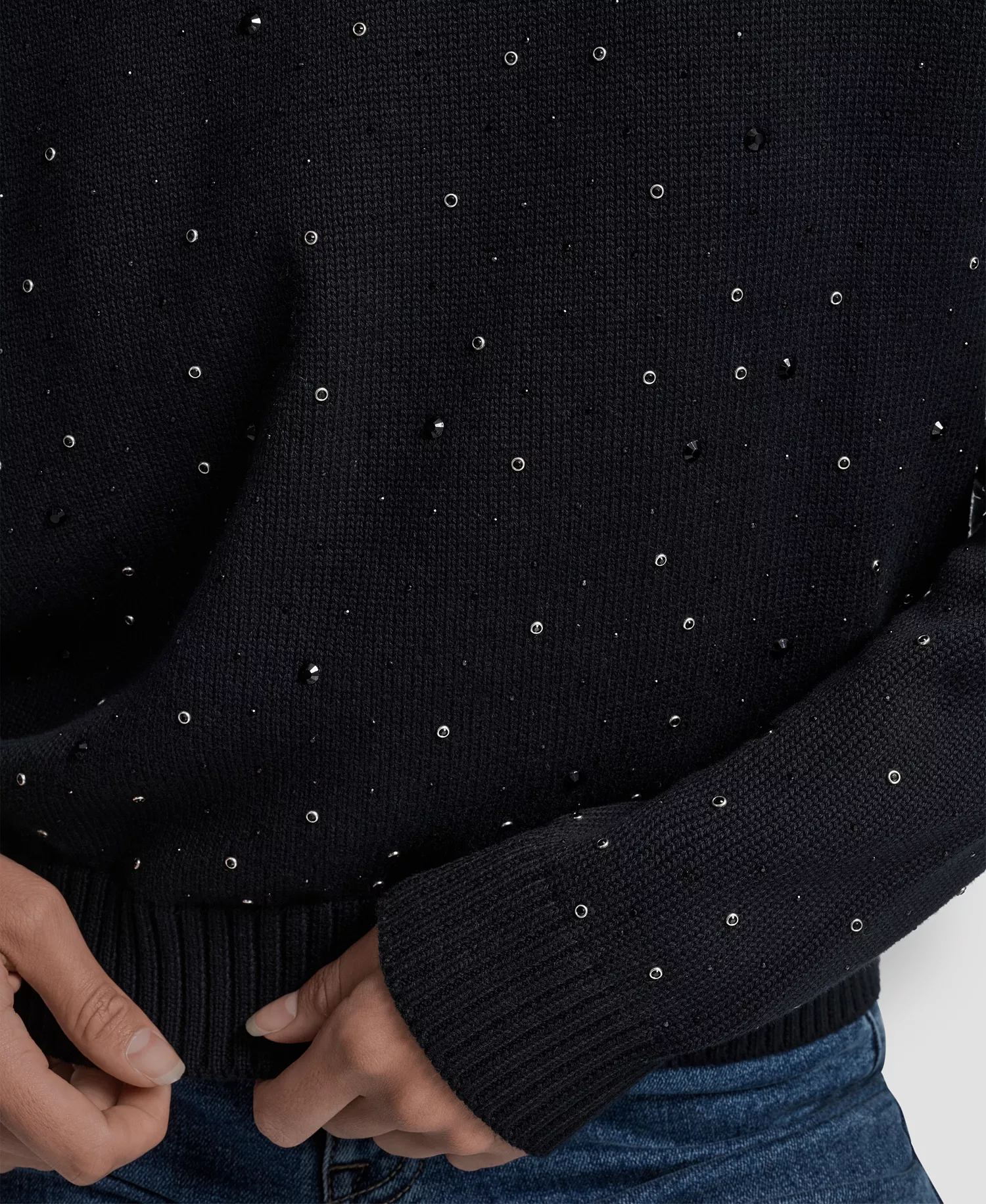 Women's Rhinestone Embellished Crewneck Sweater - Black - S