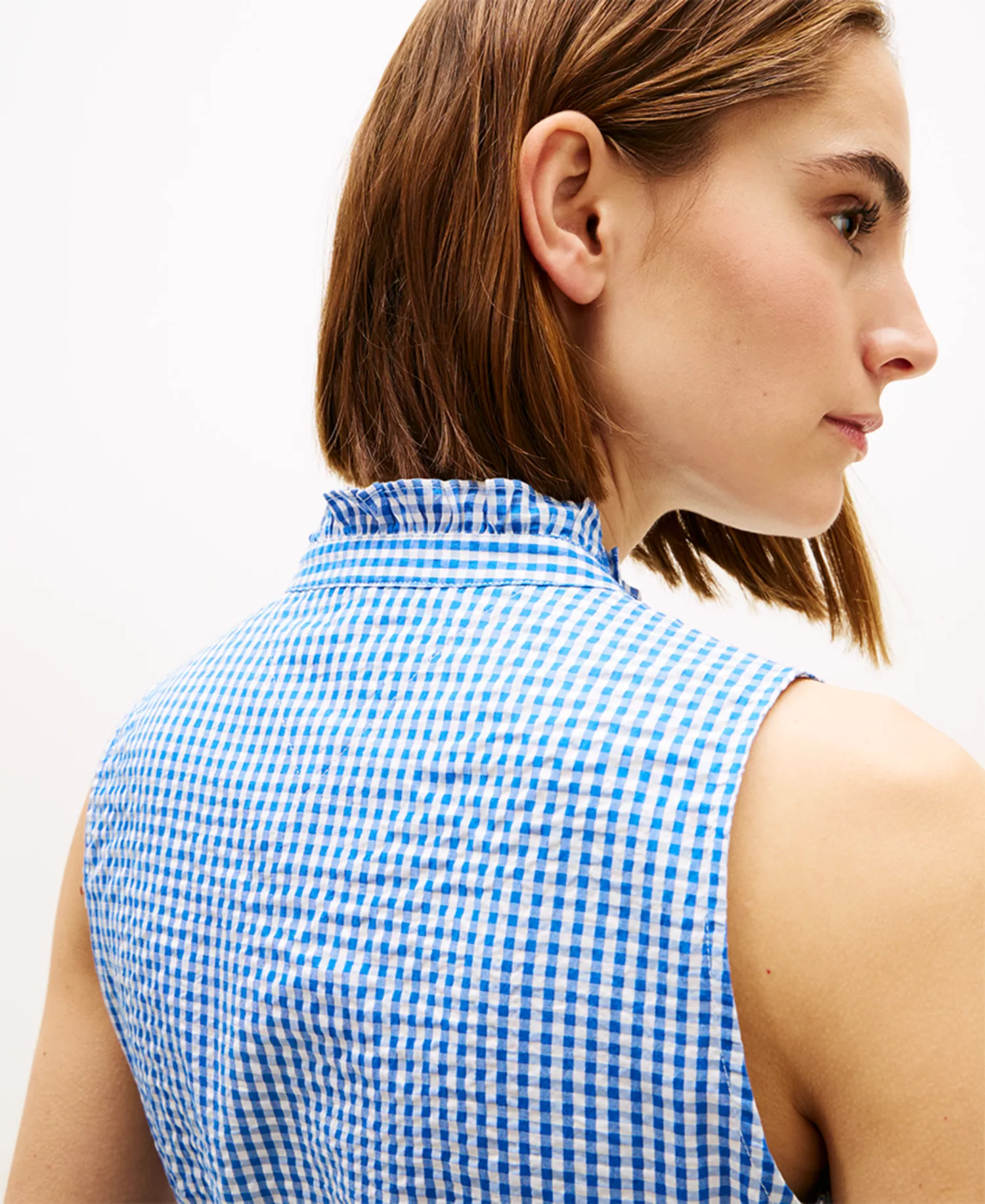 Women's Sleeveless Collared Frill Dress - Blue - L