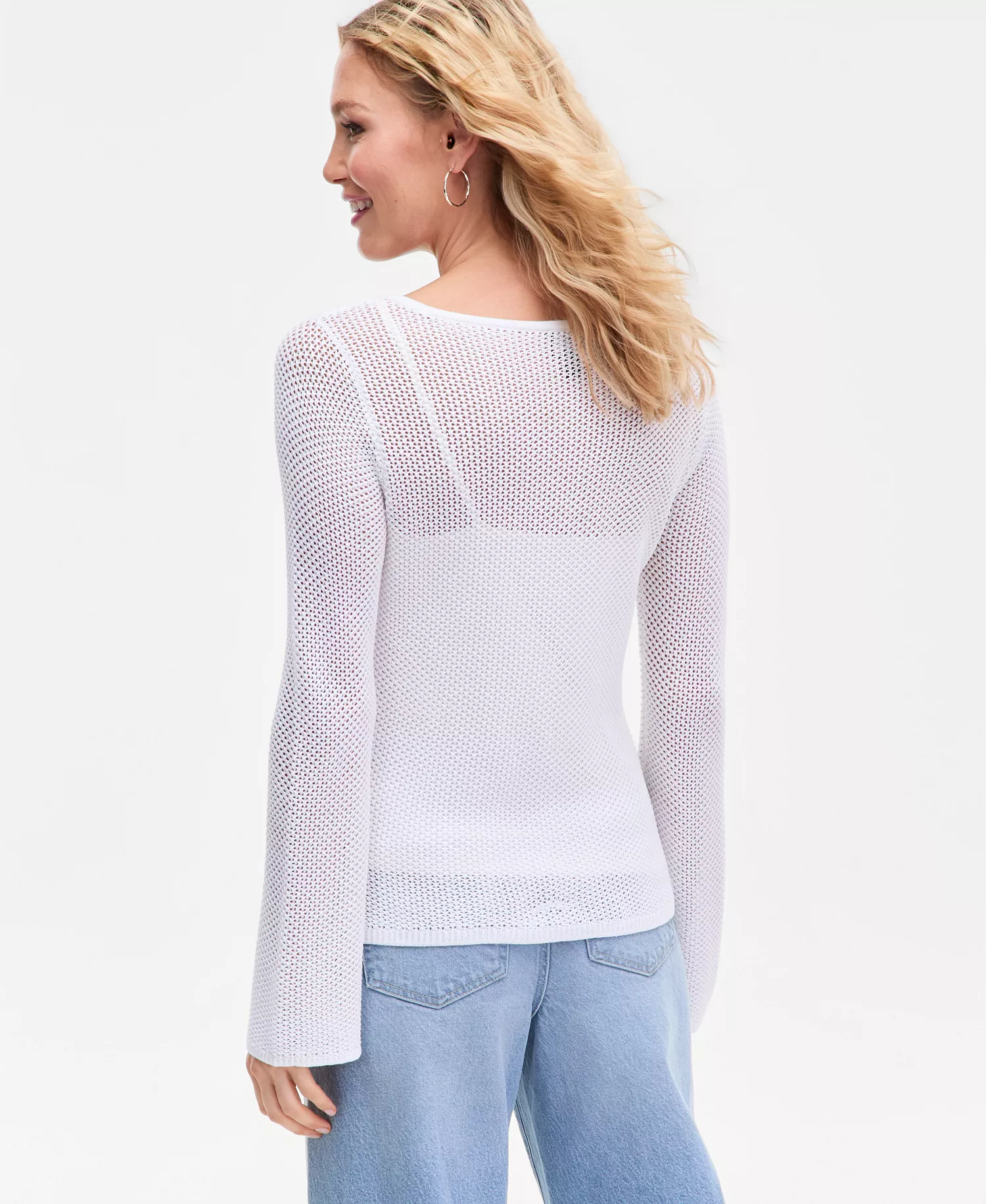 Women's Long Sleeve Open-Knit Sweater, Macy's Exclusive - Bright White - L