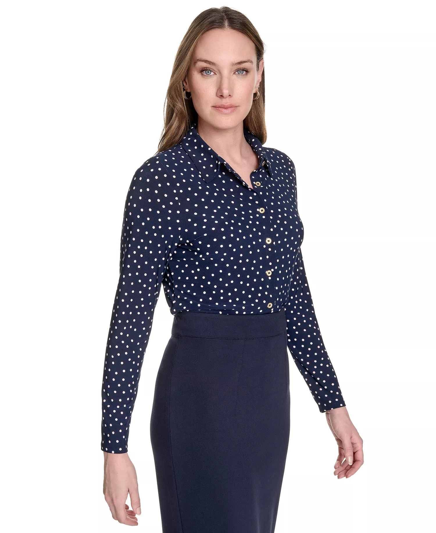 Women's Dot-Print Long-Sleeve Knit Blouse - Midnight/ Powder - L