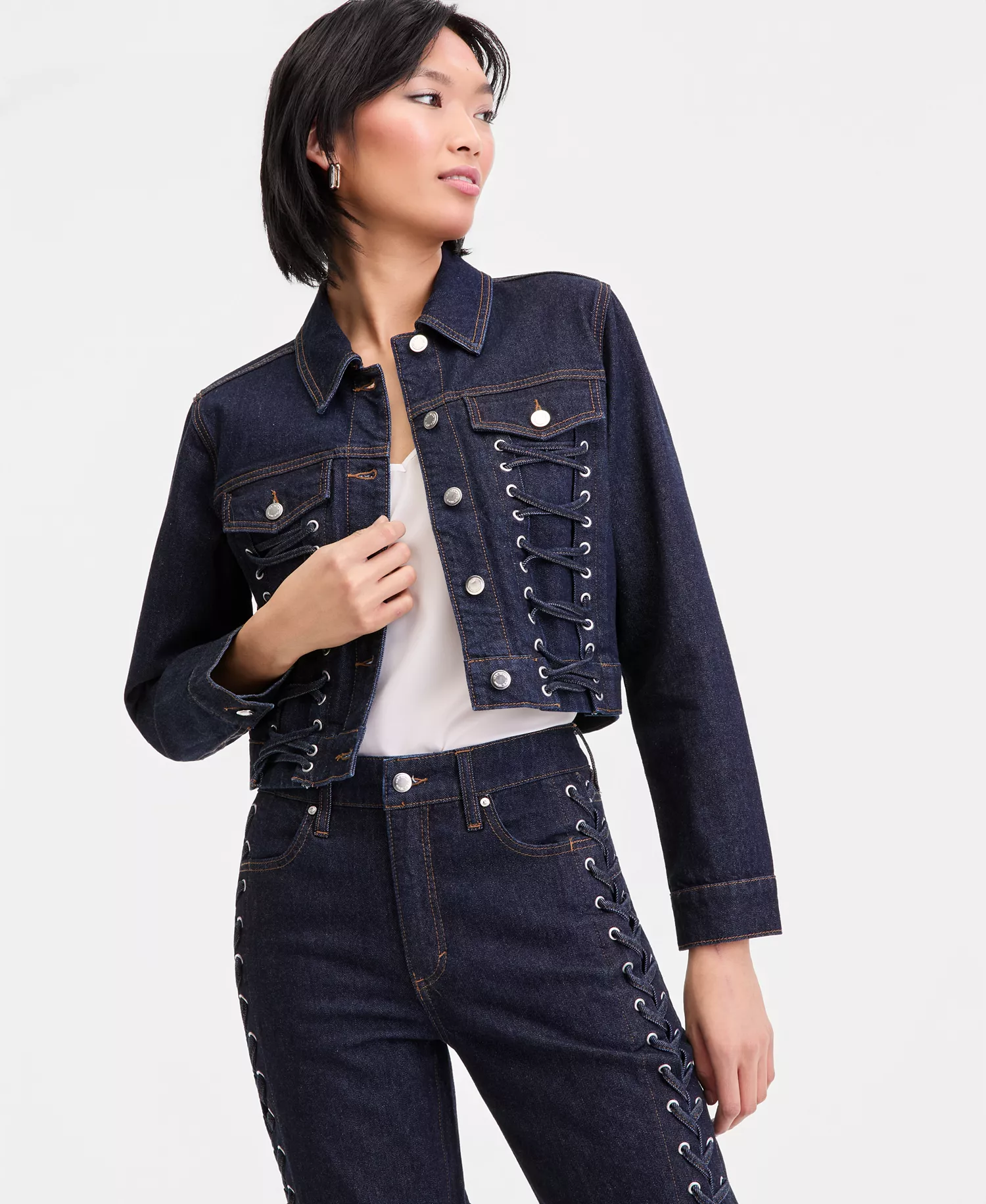 Women's Cropped Lace-Up Denim Jacket, Macy's Exclusive - Hudson Wash - L
