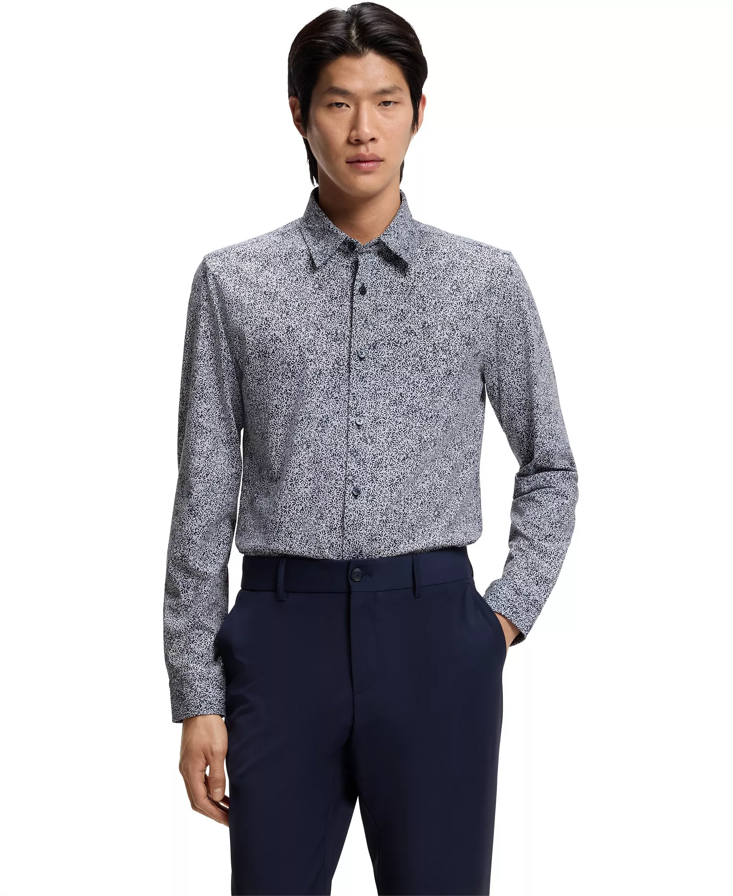 Men's Printed Cotton Blend Slim-Fit Dress Shirt - Dark Blue - 2XL