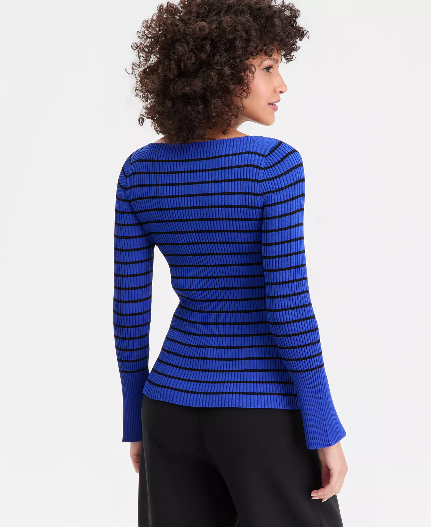 Women's Long Sleeve Boat Neck Rib-Knit Sweater, Macy's Exclusive - Blue Black Combo - L