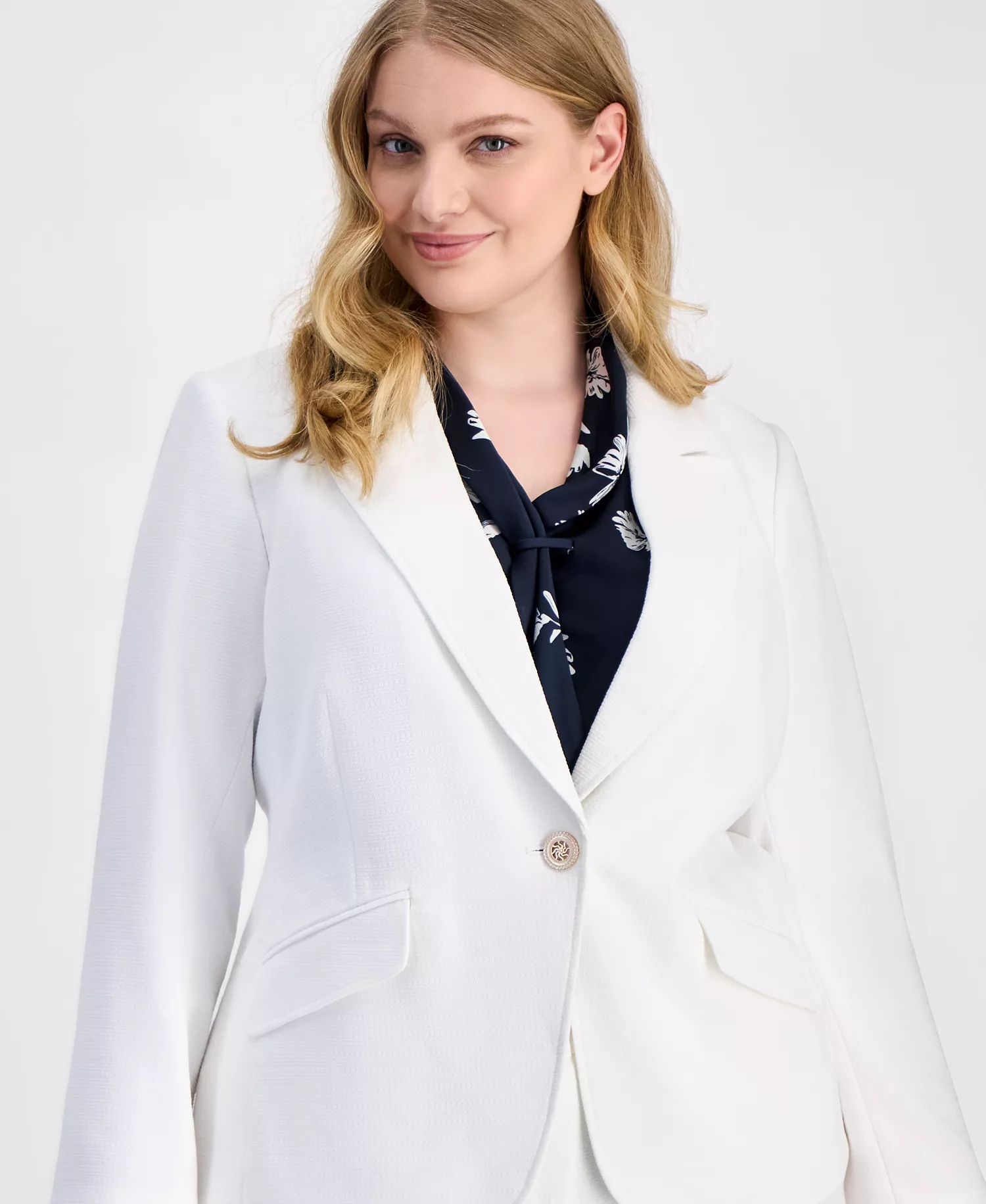 Plus Size Stretch Boucle One-Button Blazer  - Ivory - 14W