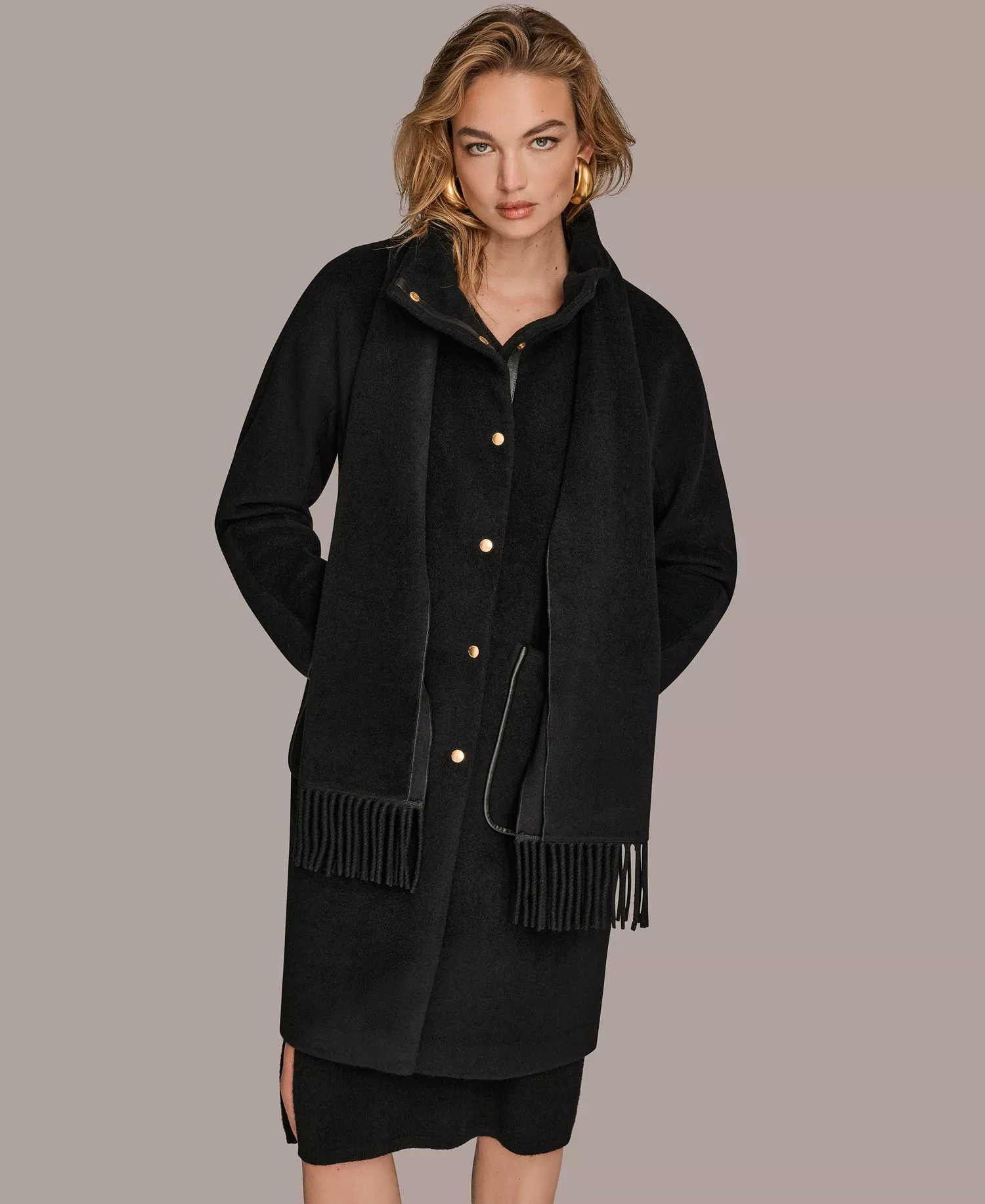 Women's Snap Button Scarf Coat - Black - L