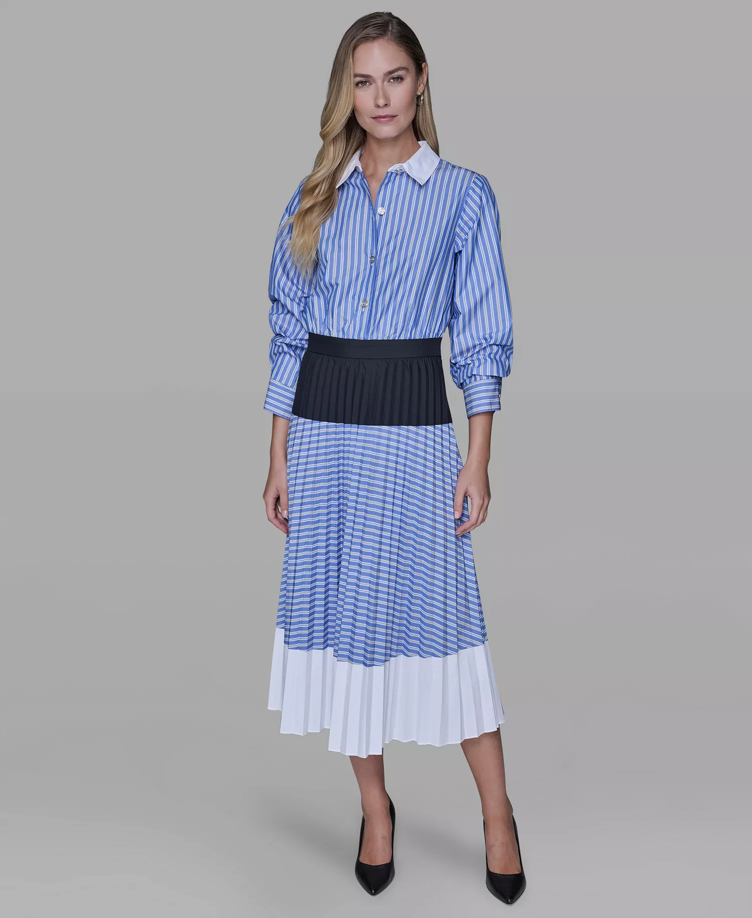 Women’s 3/4 Sleeve Colorblock Pleated Midi Dress - French Blue Combo - 10