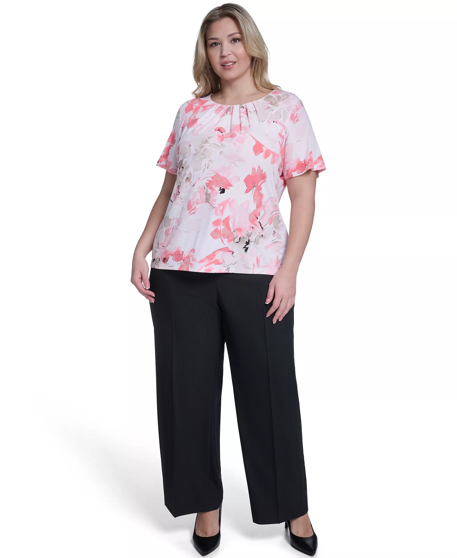 Plus Size Knit Short-Sleeve Crew Neck Top - Petal/Latte Multi - 1X