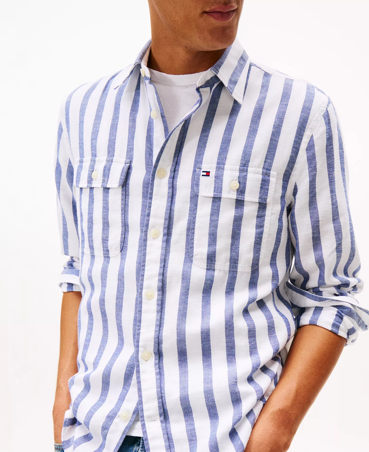 Men's Twill Linen-Blend Striped Relaxed Fit Shirt - Bold Blue / Stripe - L