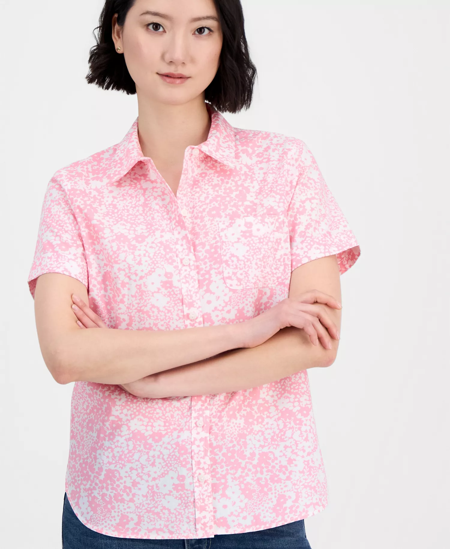 Nautica Women's Shadow Floral Cotton Camp Shirt - English Rose/ Bright White - L