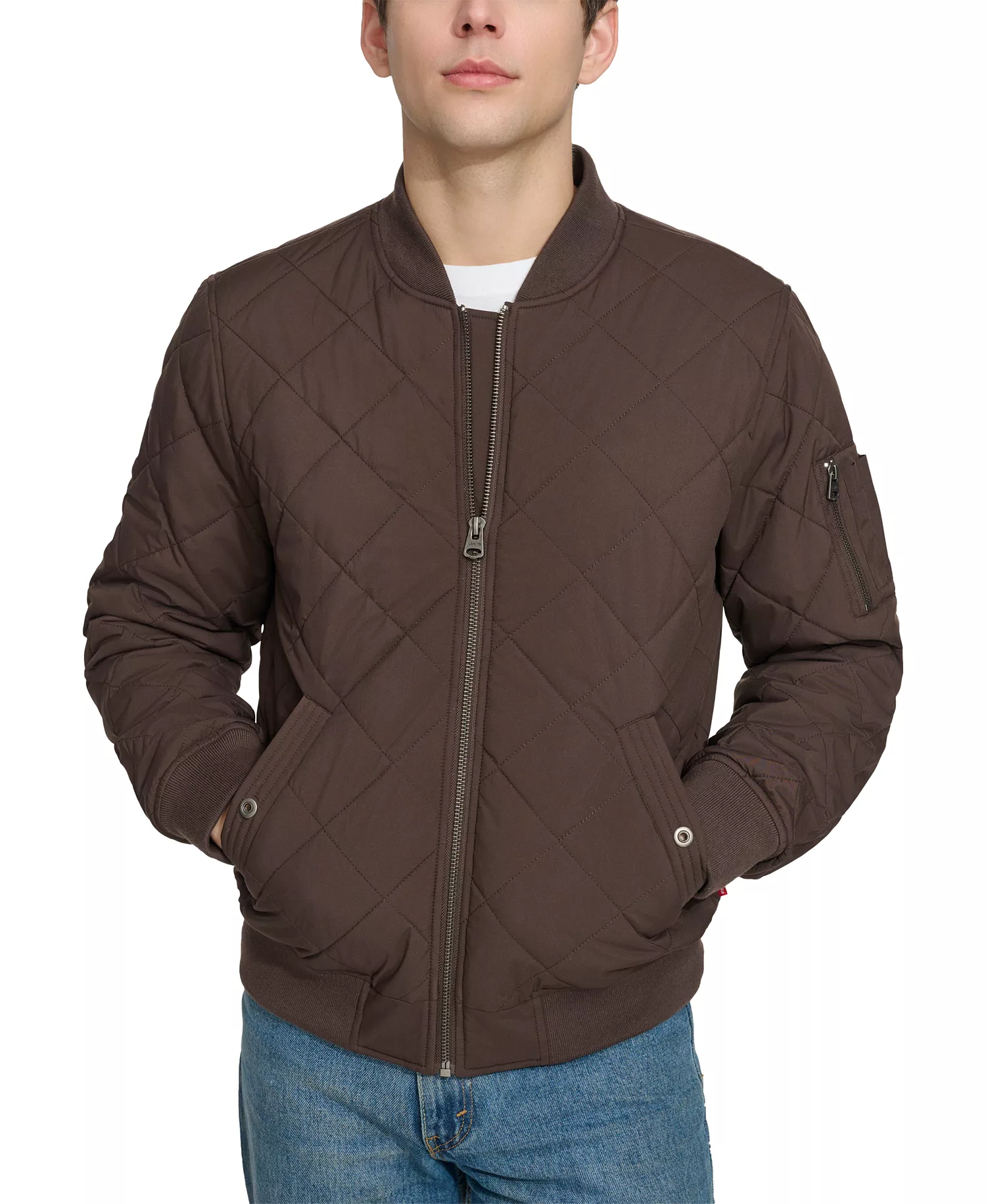 Men's Quilted Fashion Bomber Jacket - Chocolate Brown - 2XL