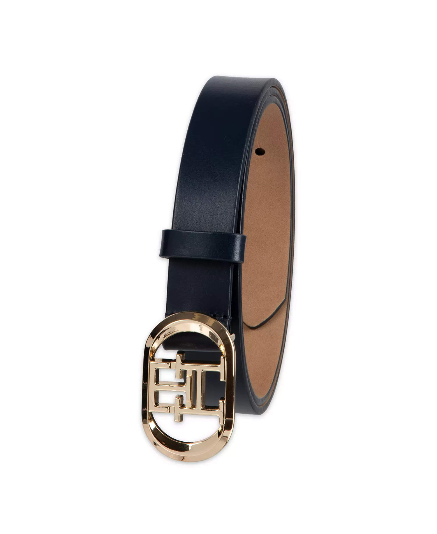 Women's Rounded Monogram Plaque Buckle Dress Belt - Navy - L