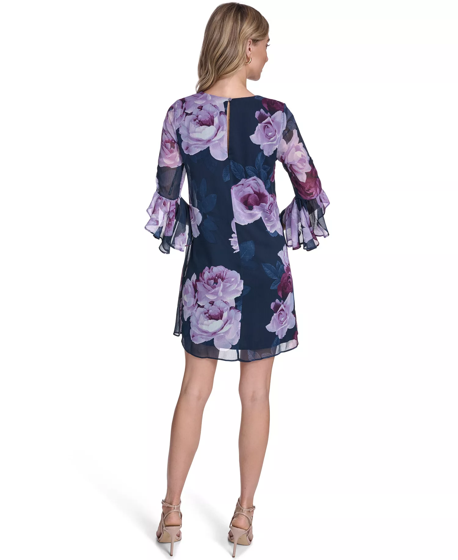 Women's Three-Quarter Sleeve V-Neck Short Dress - Indigo/Regal Multi - 10