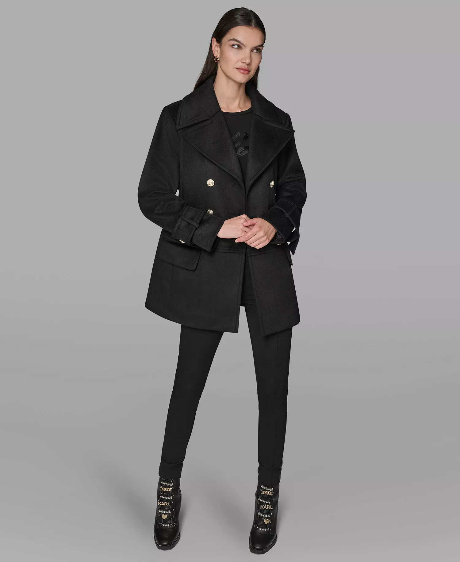 Women's Dropped Waist Peacoat - Black - L