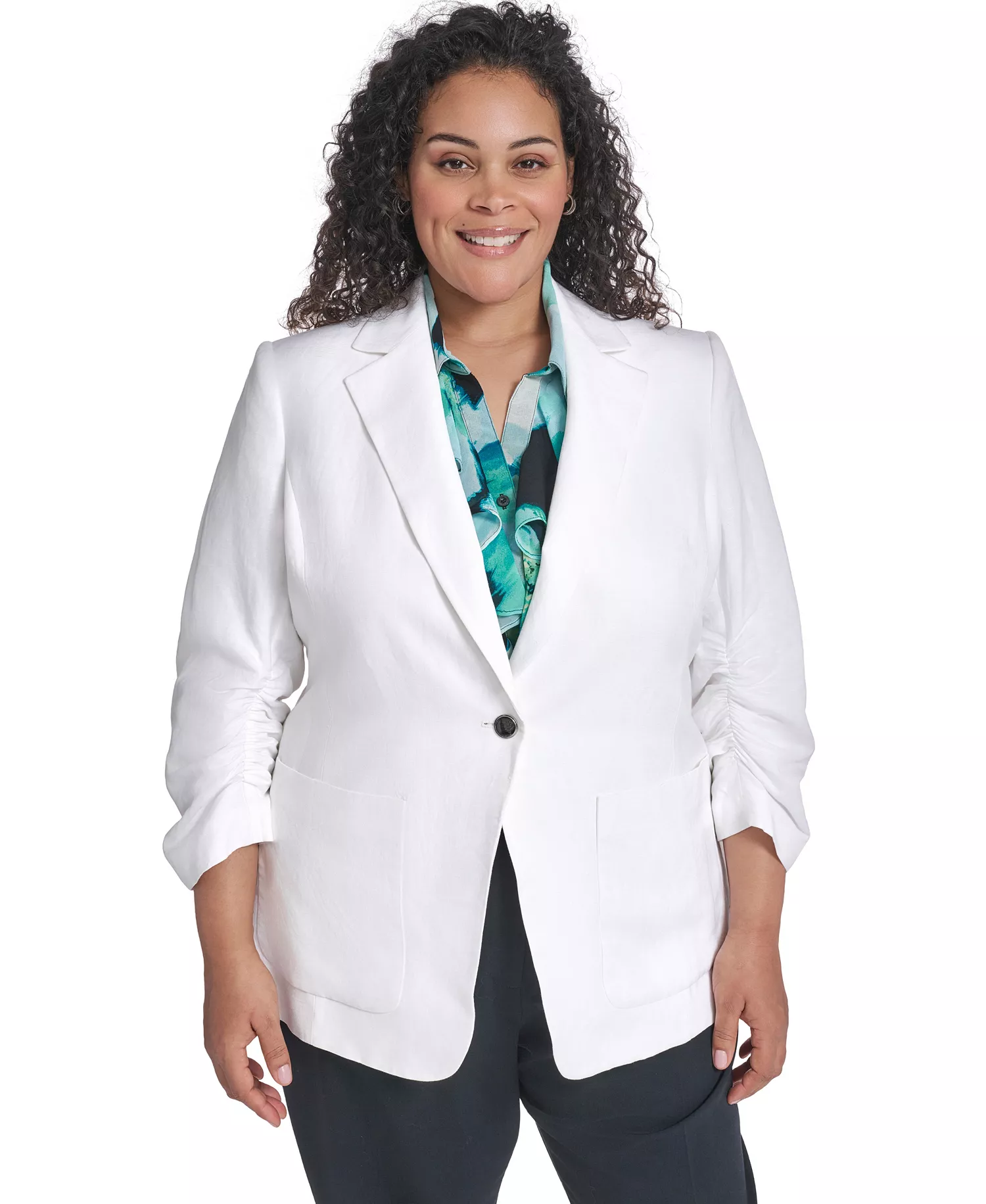 Plus Size Notch Collared Jacket - White - 14W