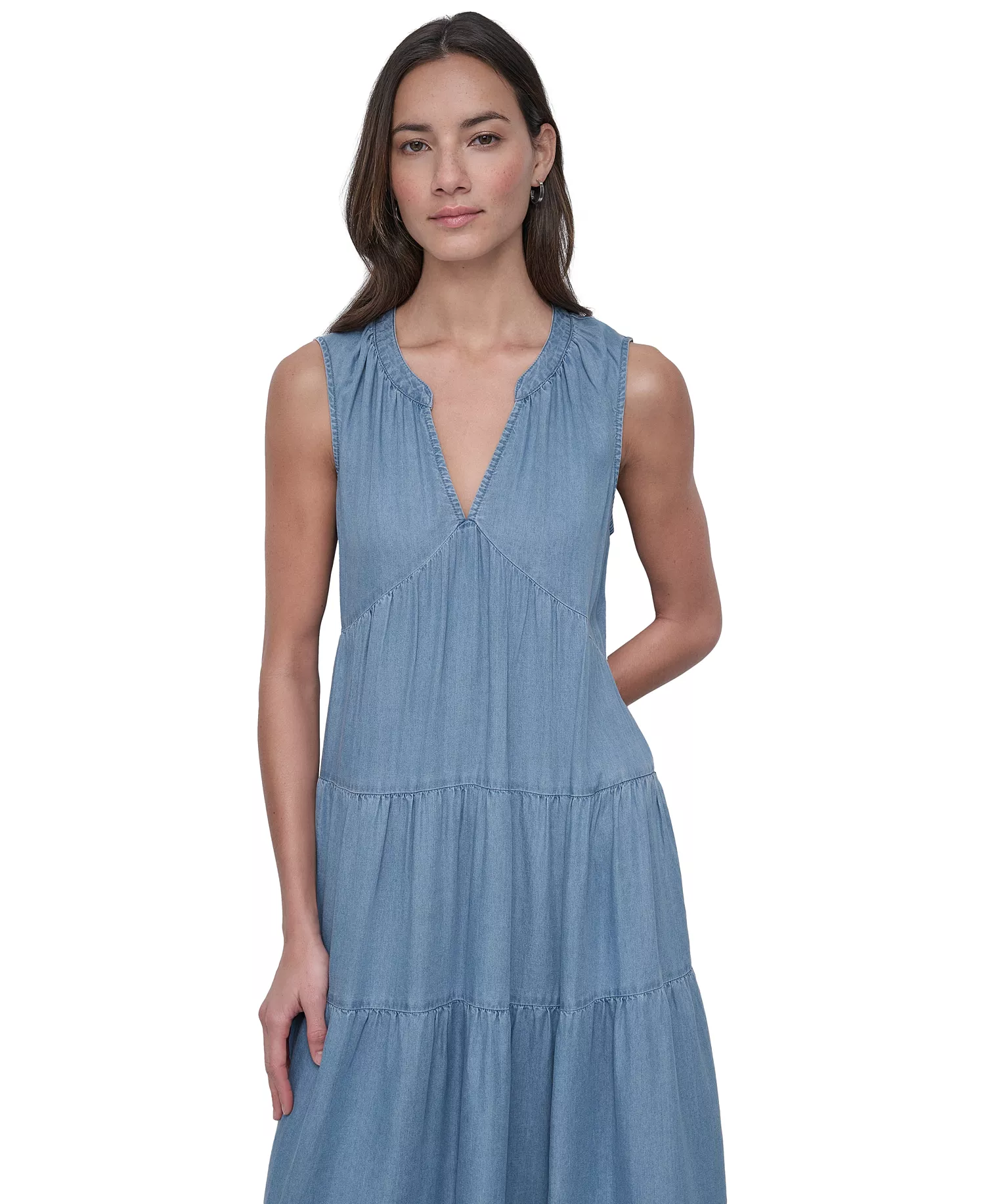 Women's Sleeveless Tiered Midi Dress - FJZ - CHAMBRAY - L