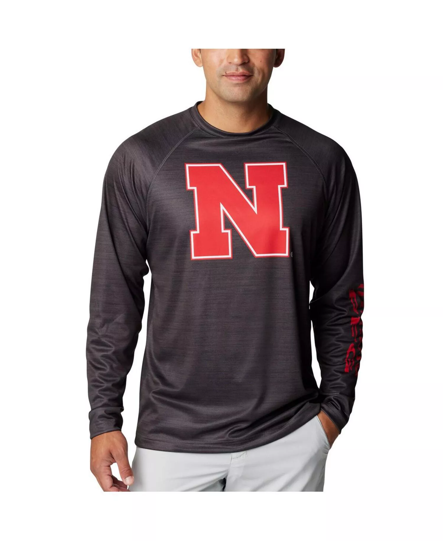 Men's Heather Charcoal Nebraska Huskers PFG Terminal Tackle Omni-Shade Raglan Long Sleeve T-shirt - Heather Charcoal - M