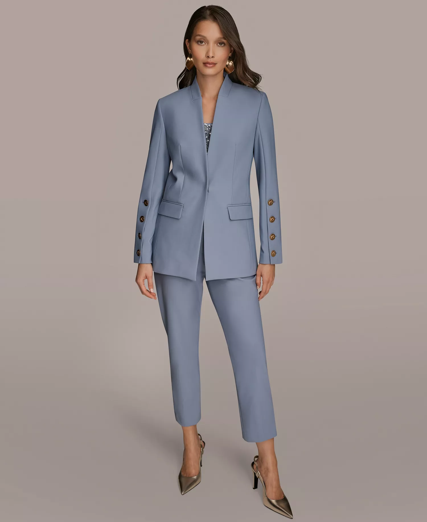 Women's Button Sleeve Blazer, Slim Ankle Pants and Sequin Camisole - Tempest - 0