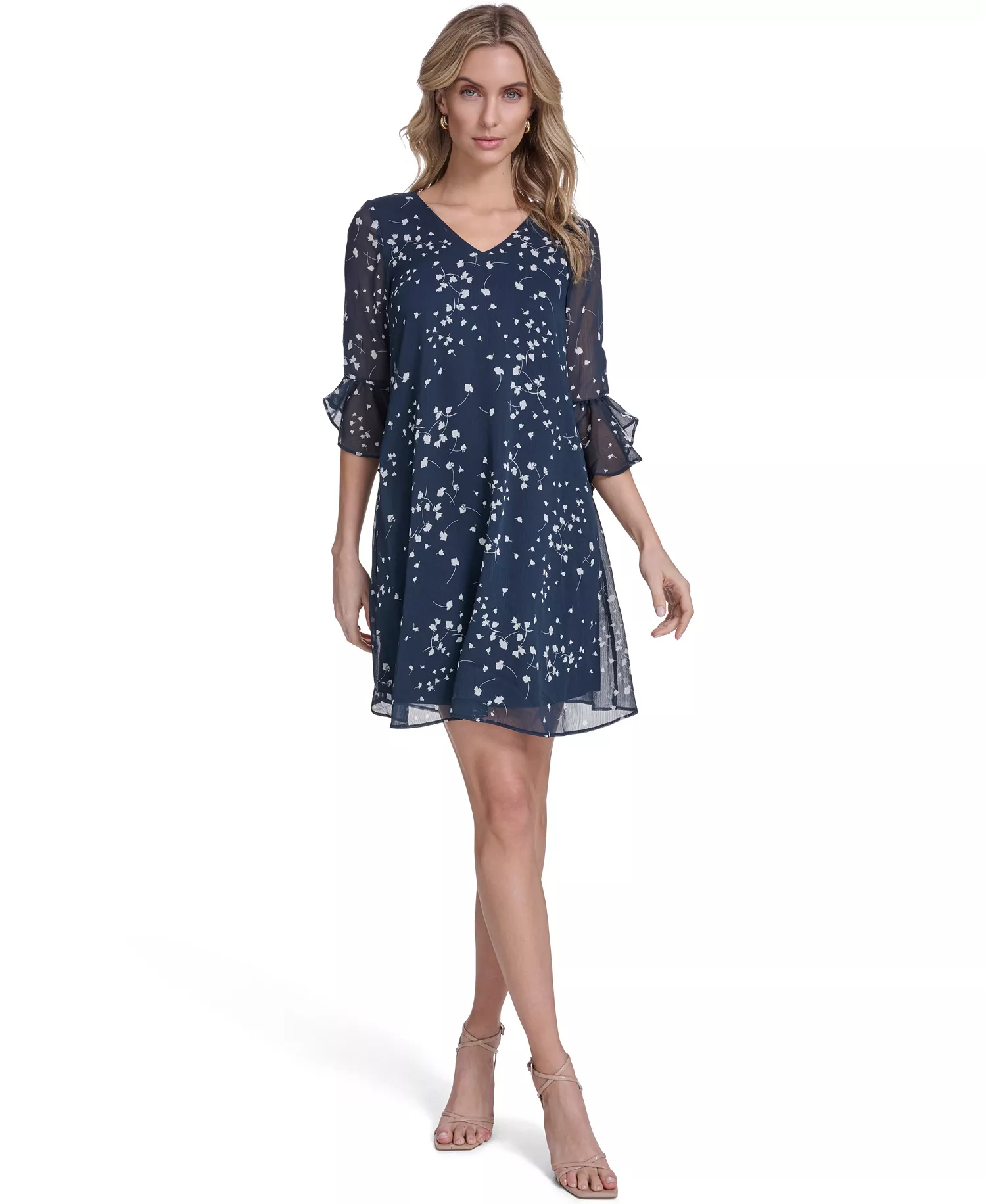 Women's Bell-Sleeve Trapeze Dress - Indigo Cream - 10