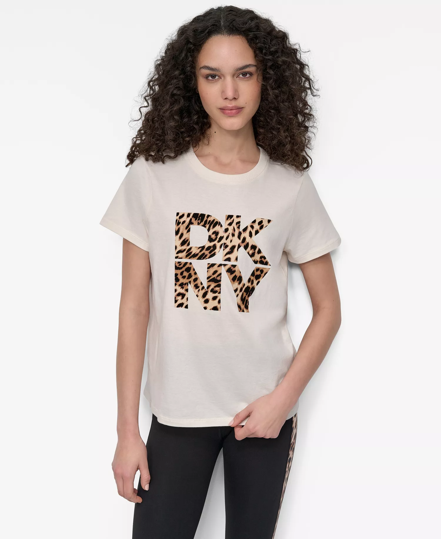 Women's Stacked Animal Print Crew Neck T-shirt - Eggng/Black Whiskey - XXS