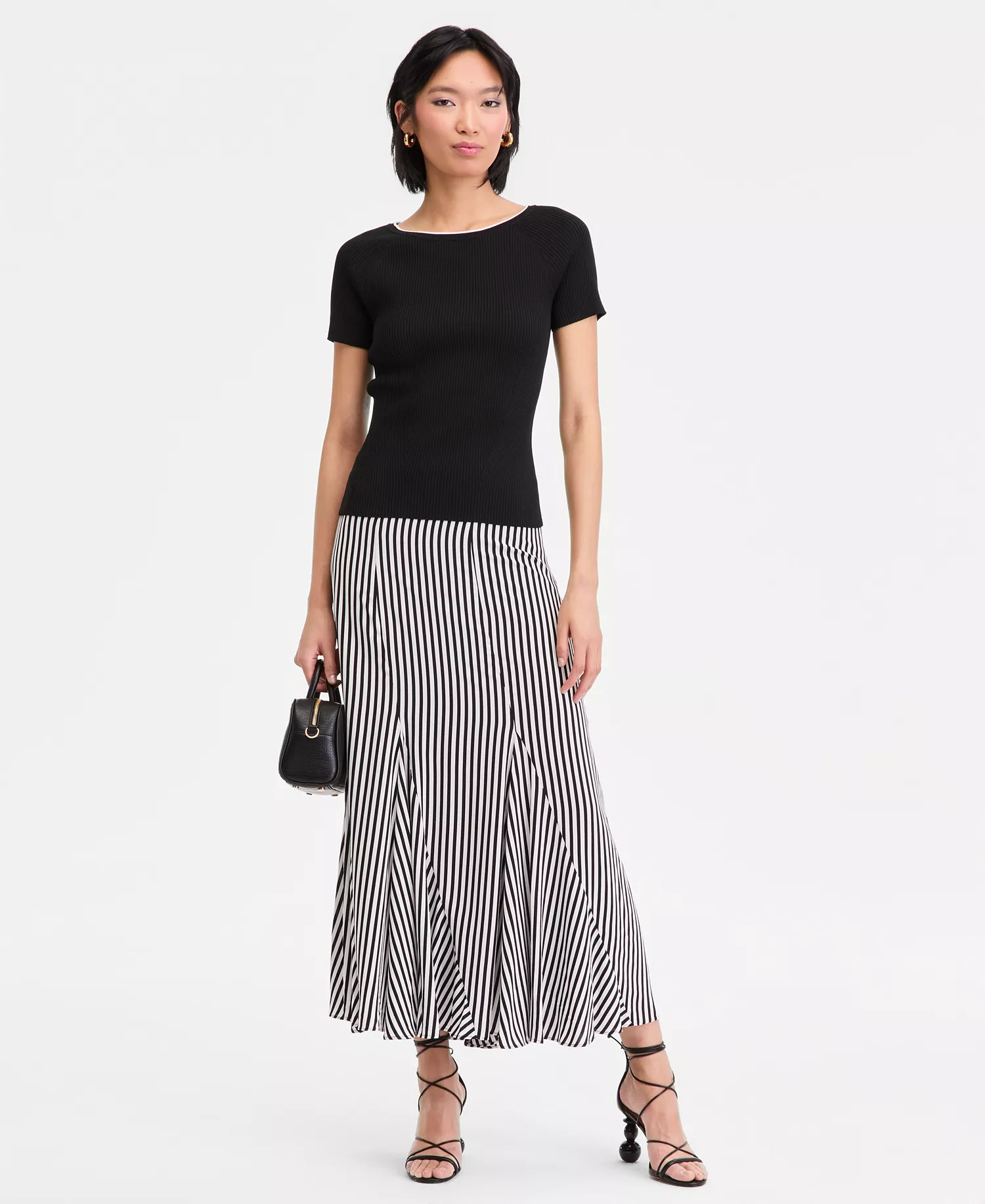 Women's Rib-Knit Short-Sleeve Sweater, Macy's Exclusive - Deep Blk W Whit - L