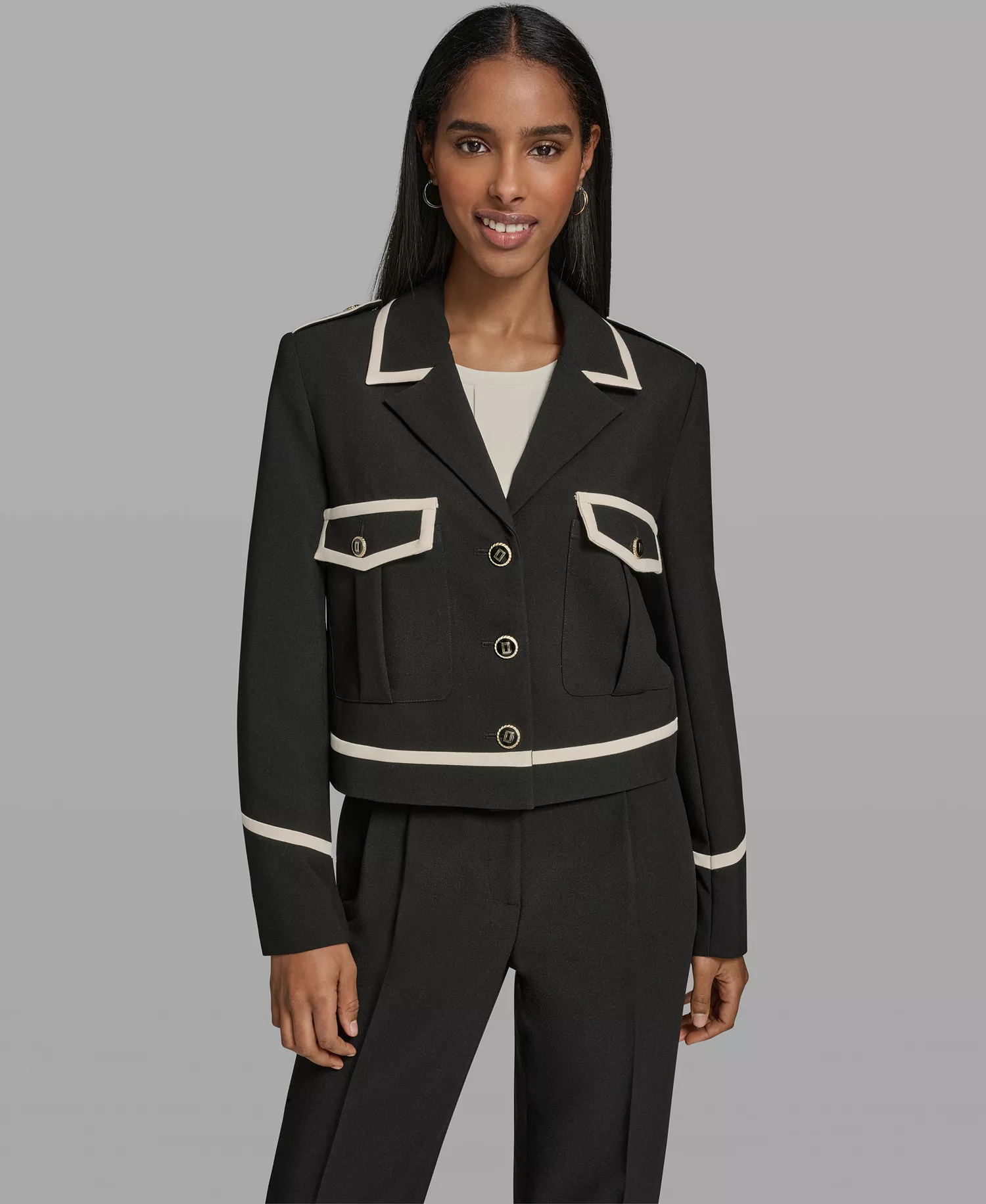 Women's Notch Lapel Cropped Jacket - Bisque/blk - 0