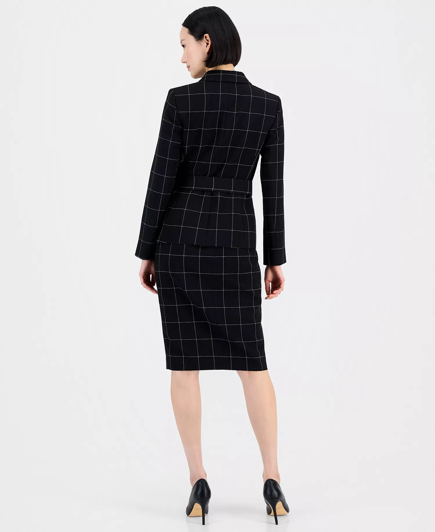 Women's Windowpane-Print Skirt Suit Set - Blk/ivory - 12