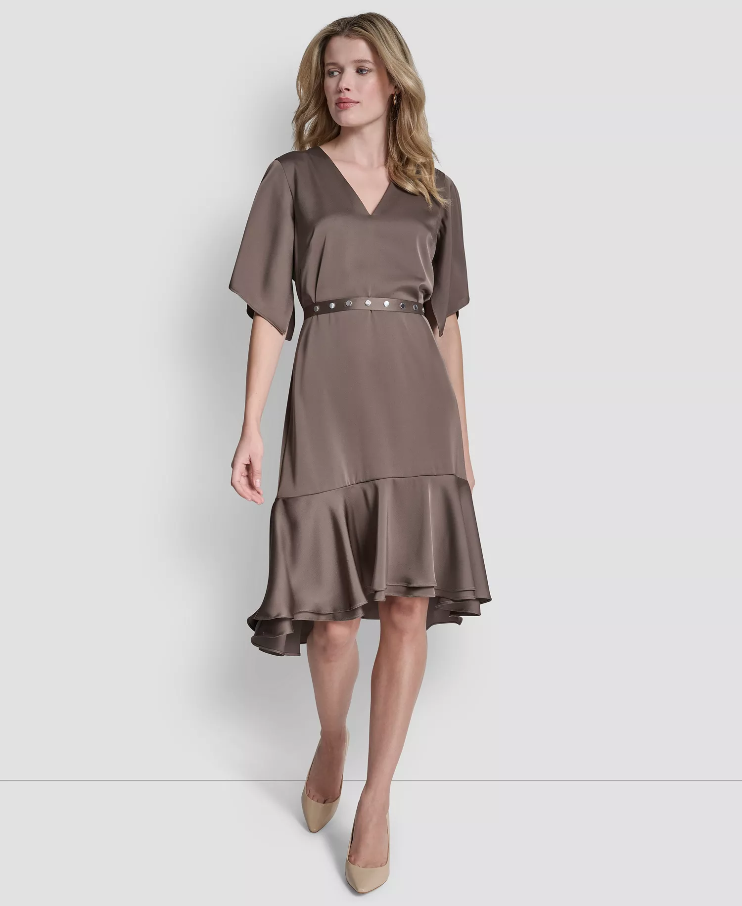 Women's Flutter Sleeve V-Neck High Low Midi Dress - Morel - 10