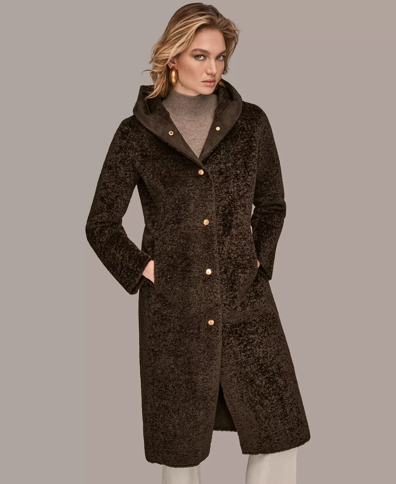 Women's Hooded Maxi Coat - Chocolate - S