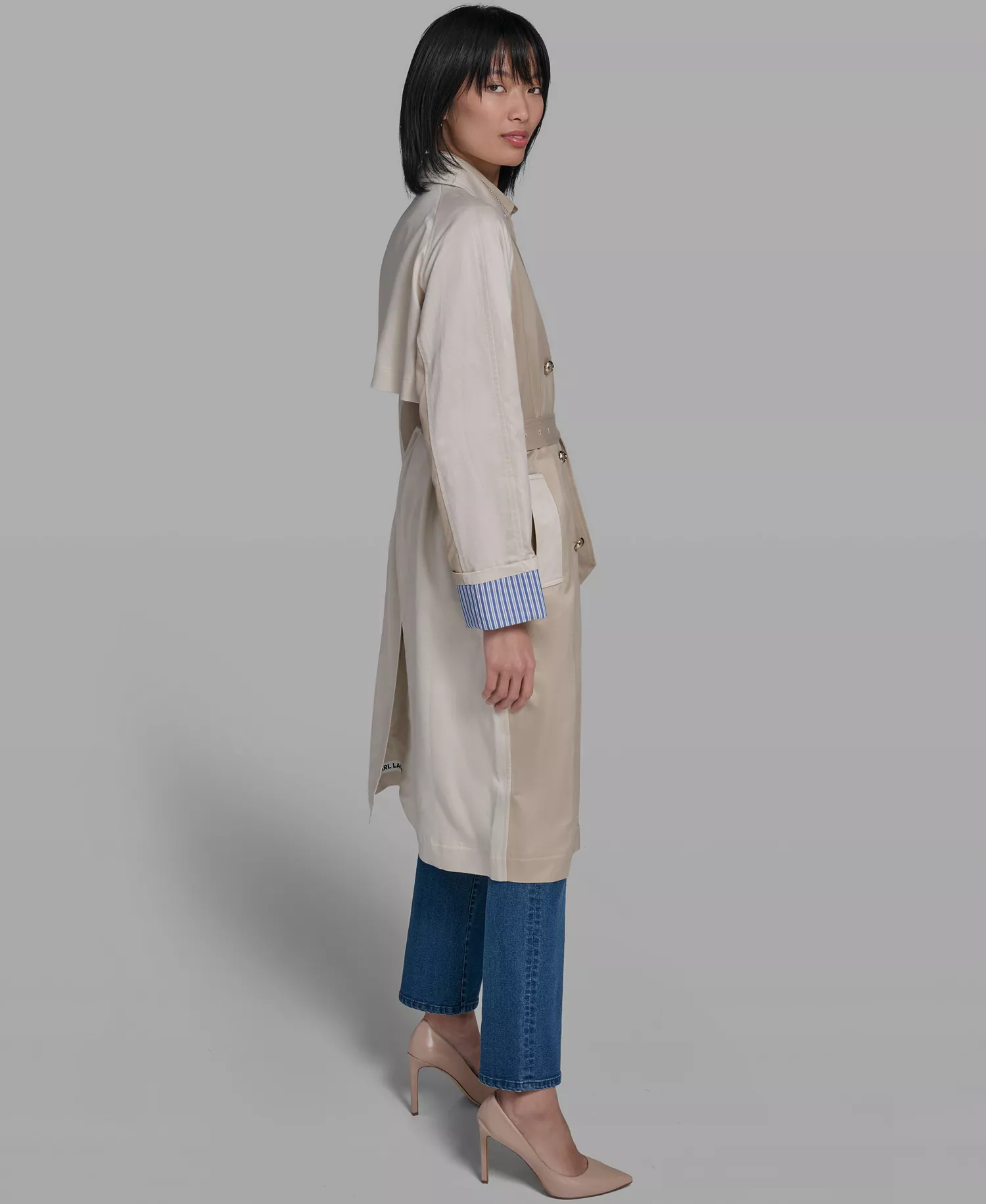 Women's Color Block Collared Trench Coat - French Beige - L