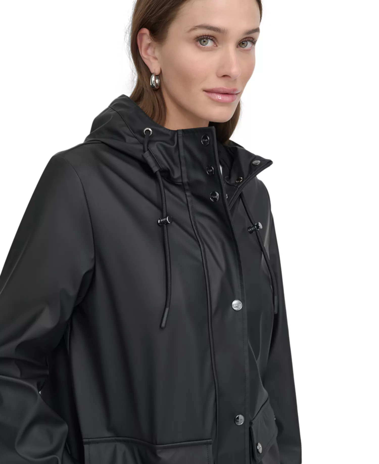 Women's Hooded Zip-Front Water-Resistant Raincoat - Black - S