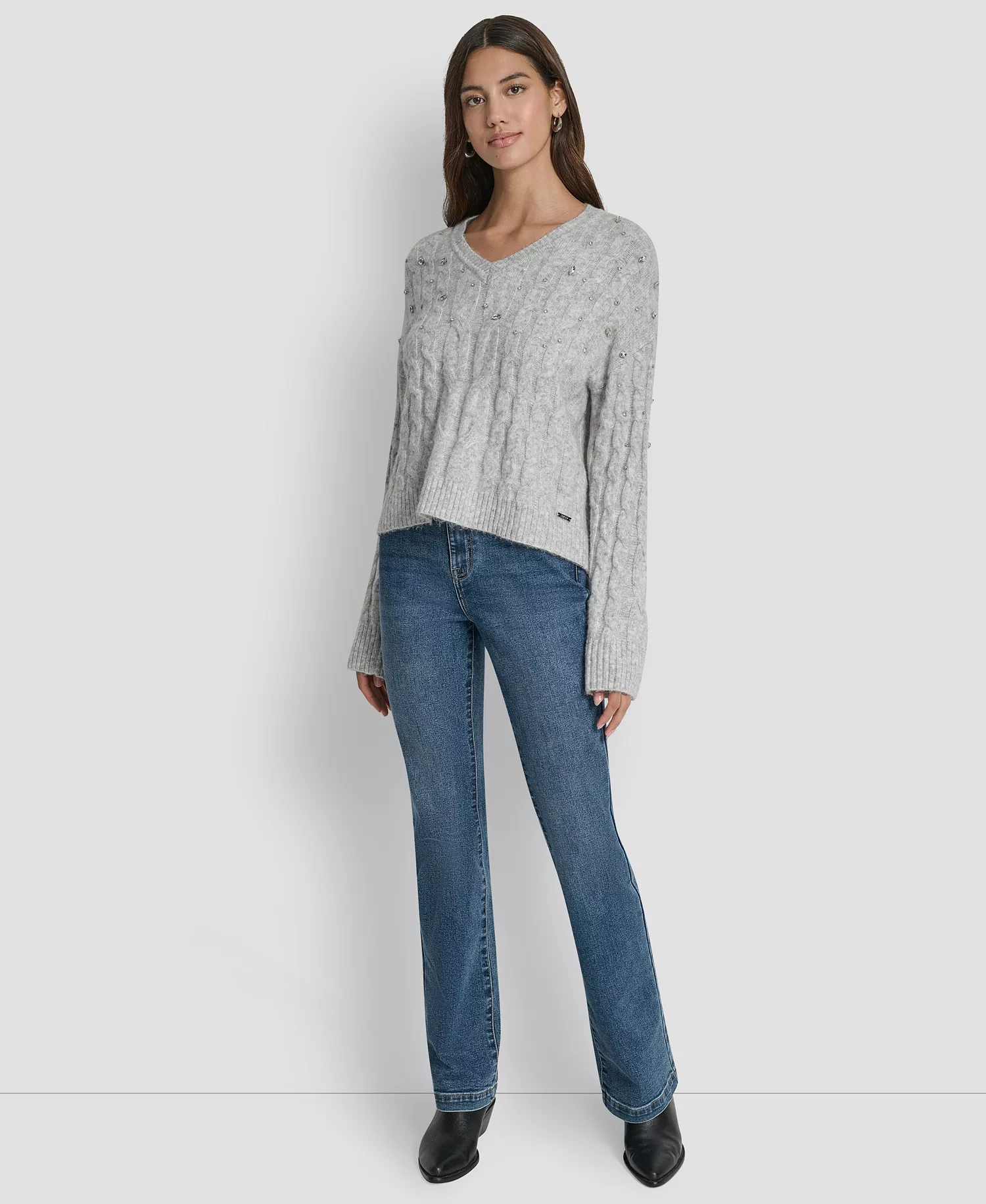 Women's Embellished Detail Long-Sleeve Sweater - Sky Grey Heather - L