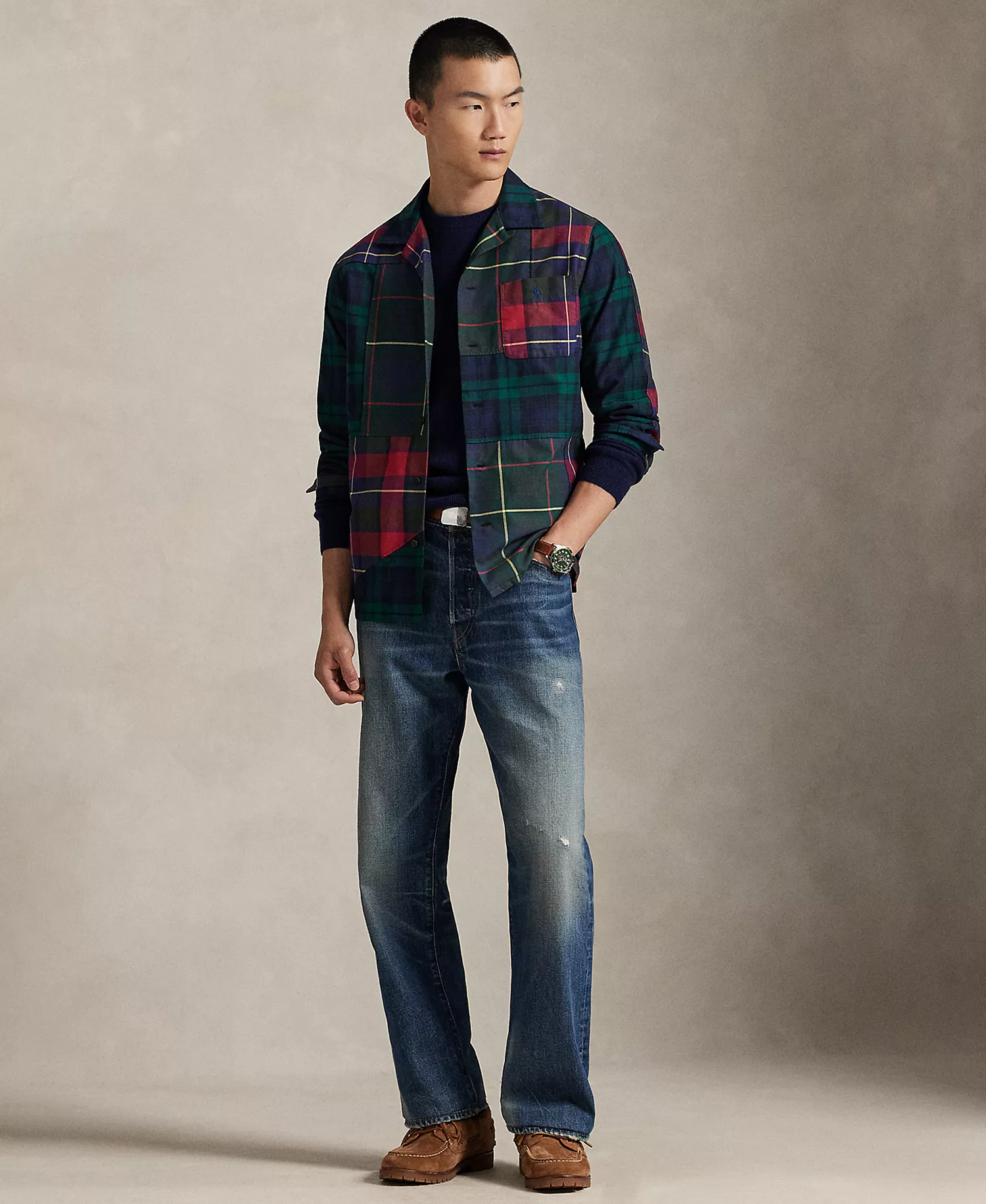 Men's Patchwork Oxford Camp Shirt - Tartan Pieced Shirt - XS