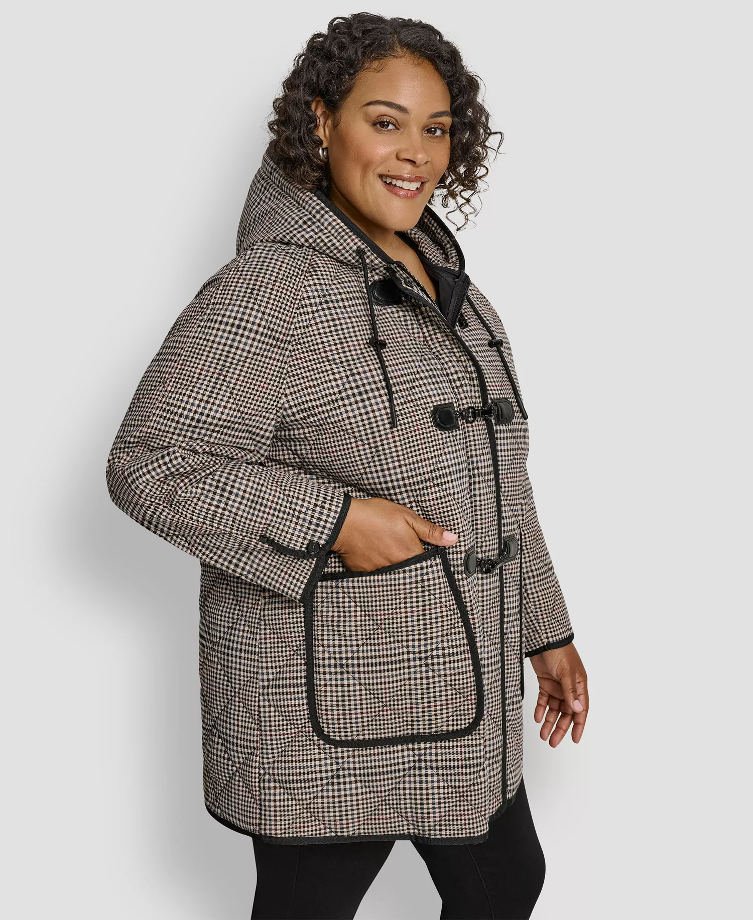 Plus Size Hooded Toggle-Front Quilted Coat - Plaid - 1X