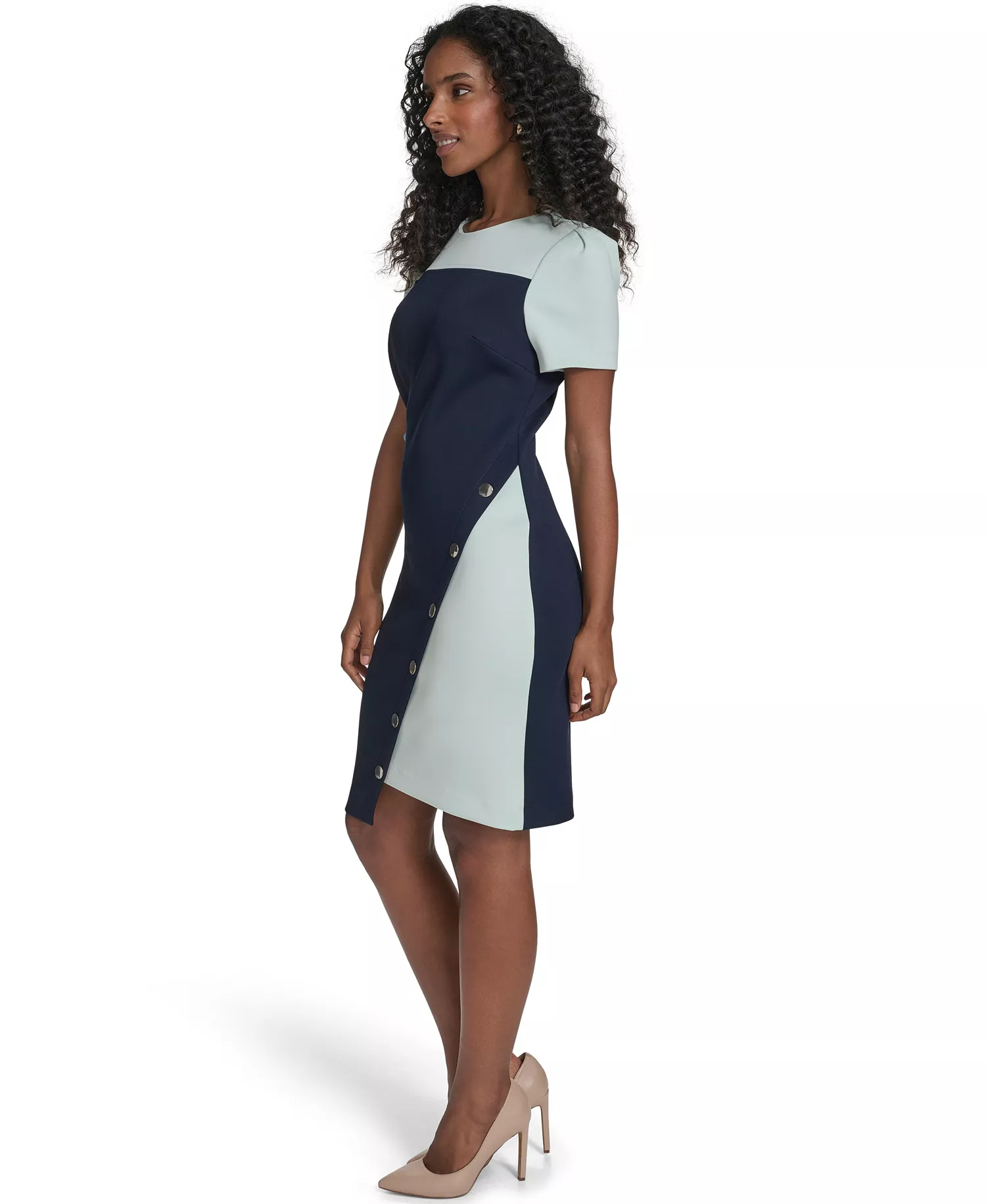 Women's Colorblocked Asymmetrical-Hem Sheath Dress - Sky Captain/Harbor Gray - 10