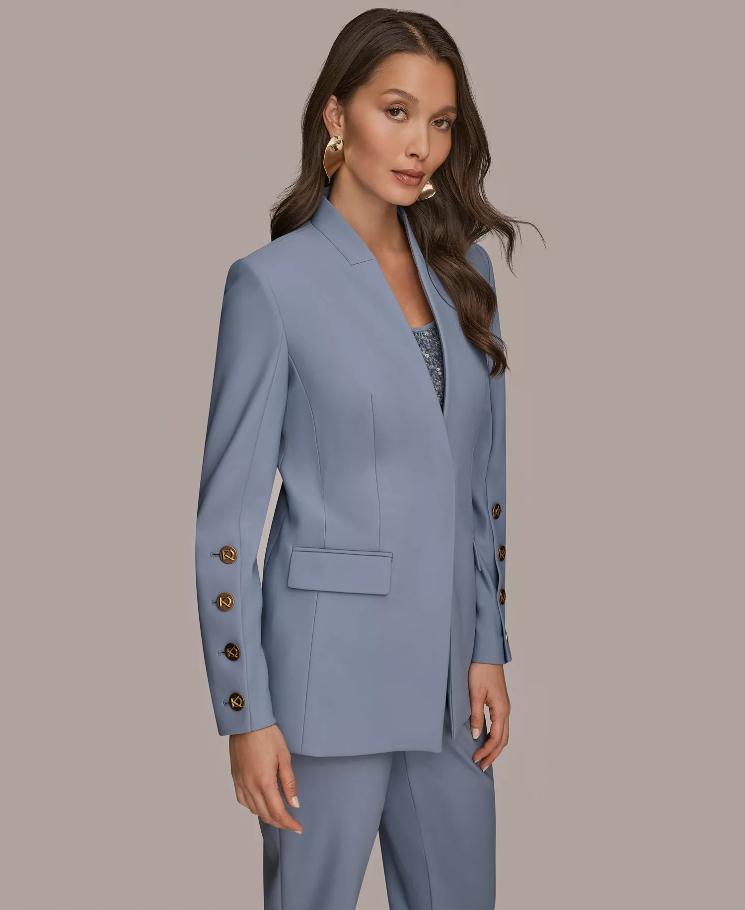 Women's Button Sleeve Blazer, Slim Ankle Pants and Sequin Camisole - Tempest - 0