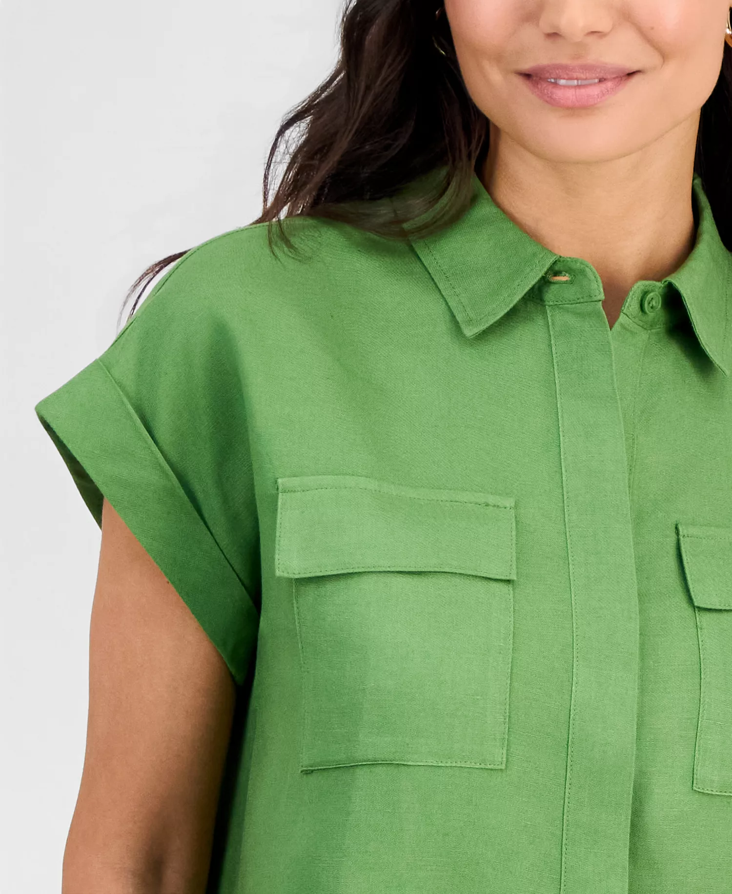 Petite Linen-Blend Short-Sleeve Button-Front Shirt, Exclusively at Macy's  - Fresh Basil - P/L