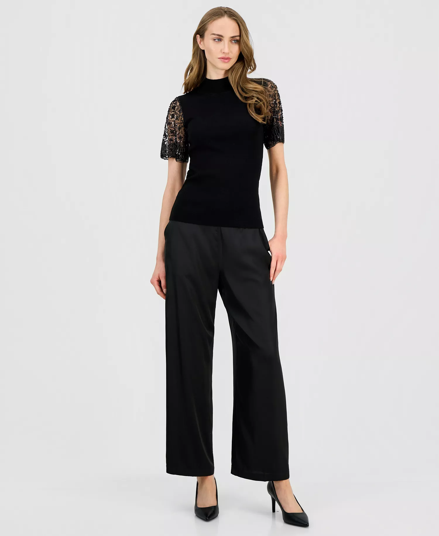 Women's Beaded-Sleeve Mock Neck Sweater - Black - L