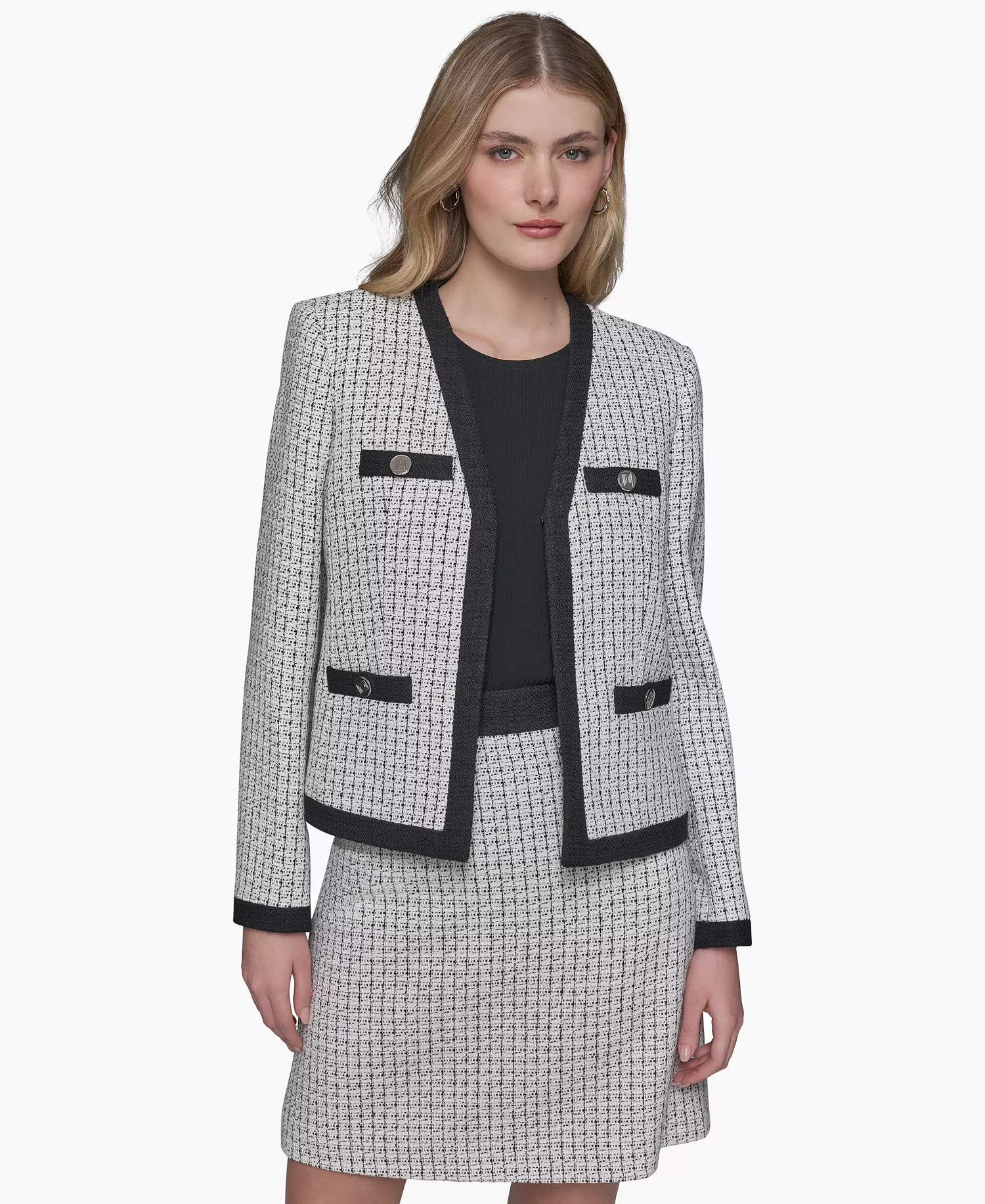 Women's Tweed Framed Jacket, A-Line Mini Skirt, & Flutter-Sleeve Blouse - Black Multi - 10