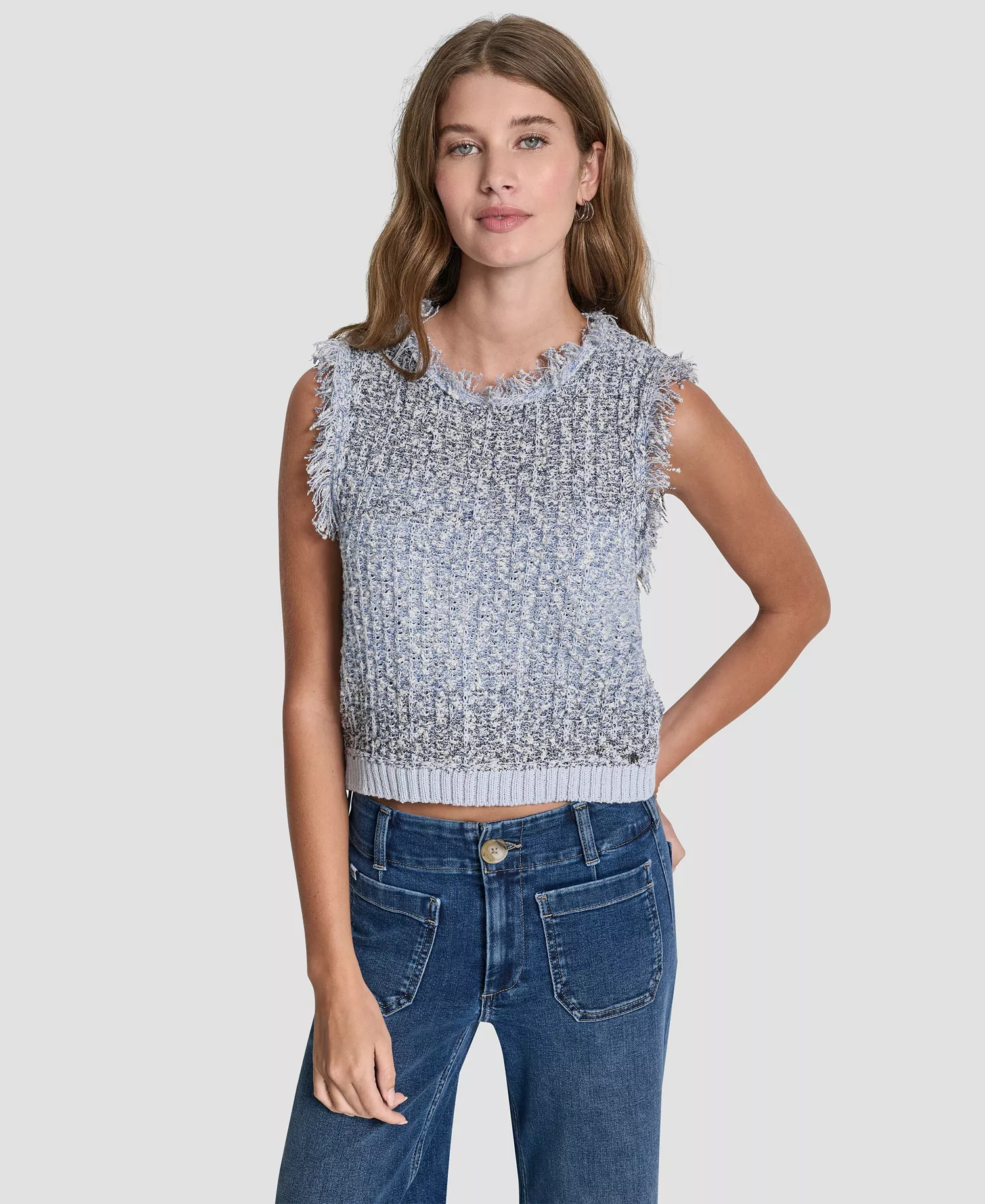 Women's Sleeveless Tweed Fringe Trimmed Sweater - Frost Blue Combo - L