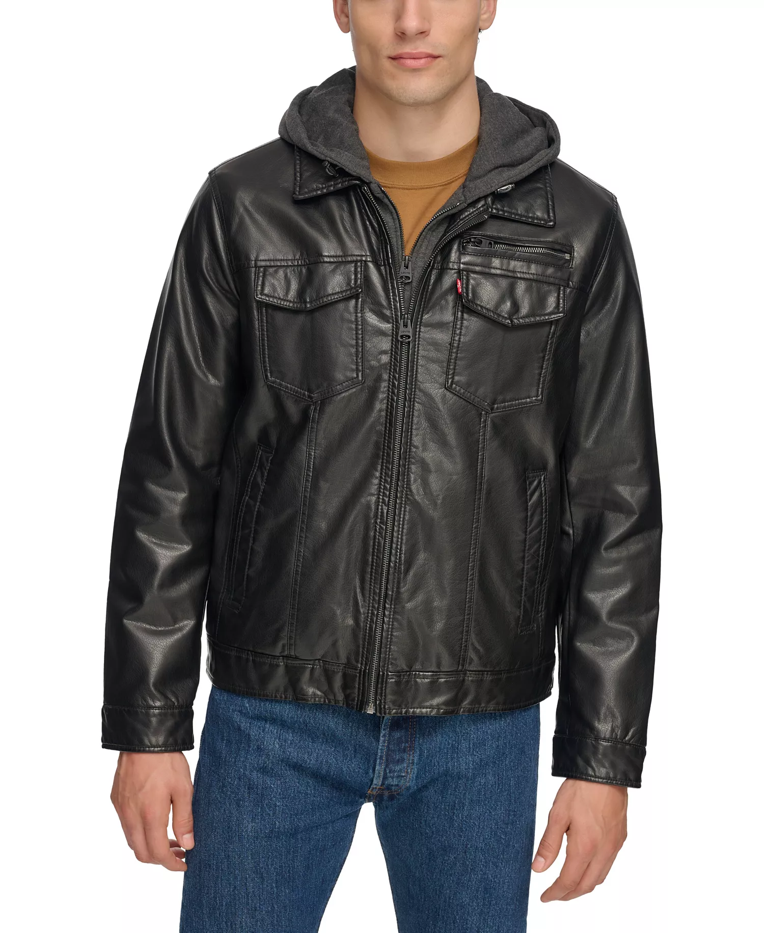 Men's Fleece Hood Faux Leather Jacket - Black - 2XL