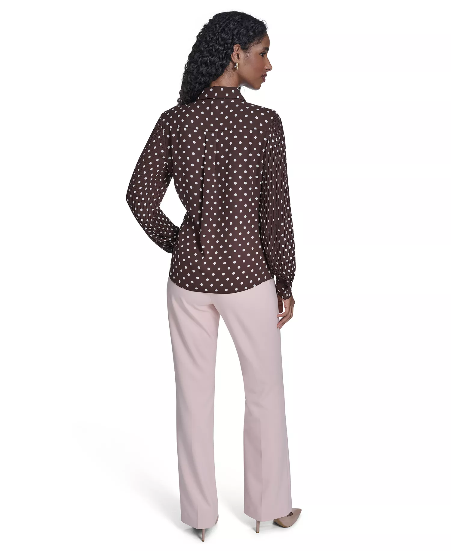Women's Dot Pleated-Sleeve Button-Up Top - Chicory/ Ivory - L