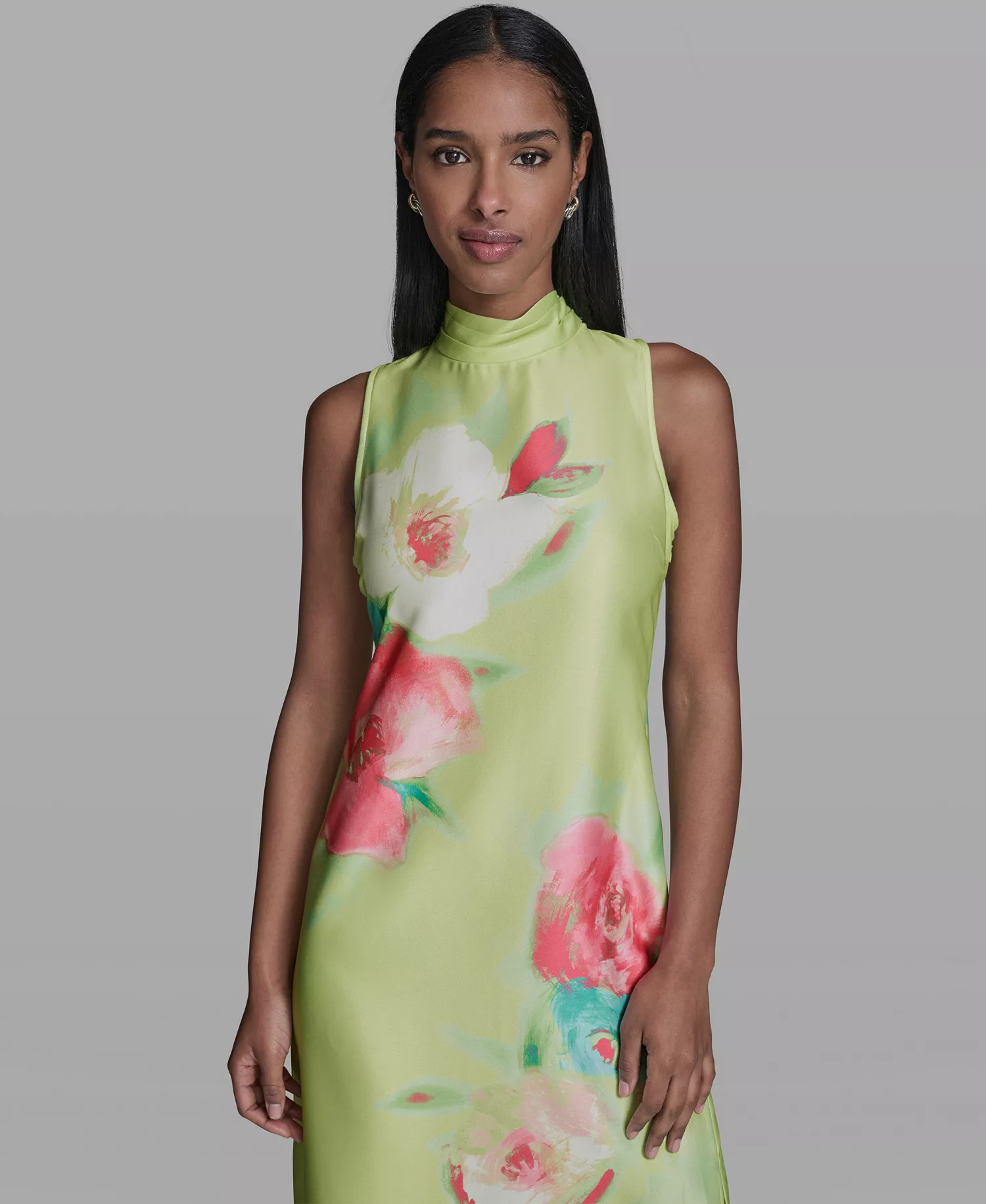 Women's Floral Printed Mock Neck Midi Dress - Tea Green Multi - 0