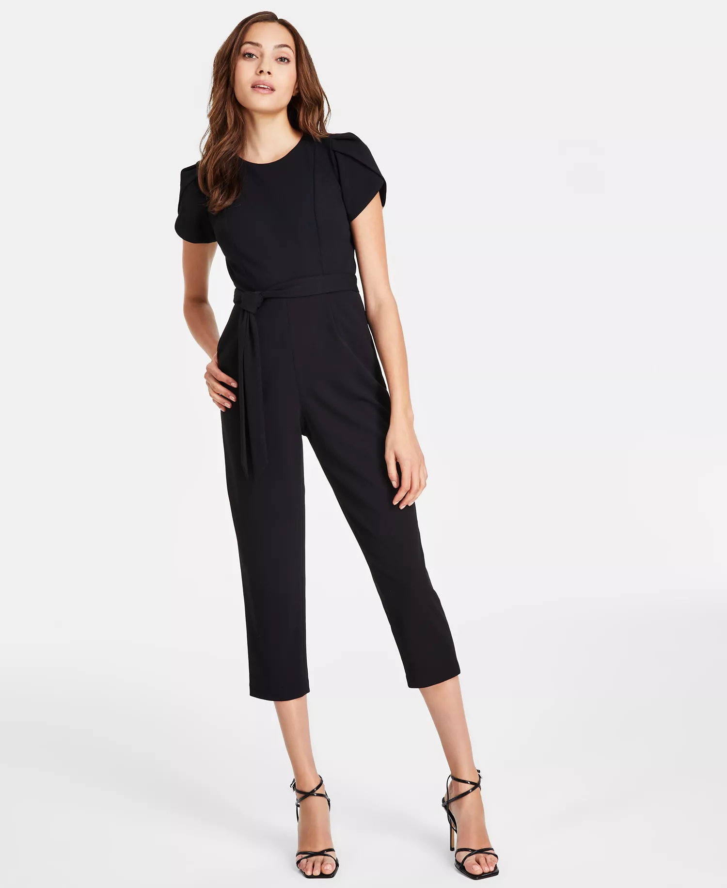 Women's Tie-Waist Tulip-Sleeve Jumpsuit - Black - 10